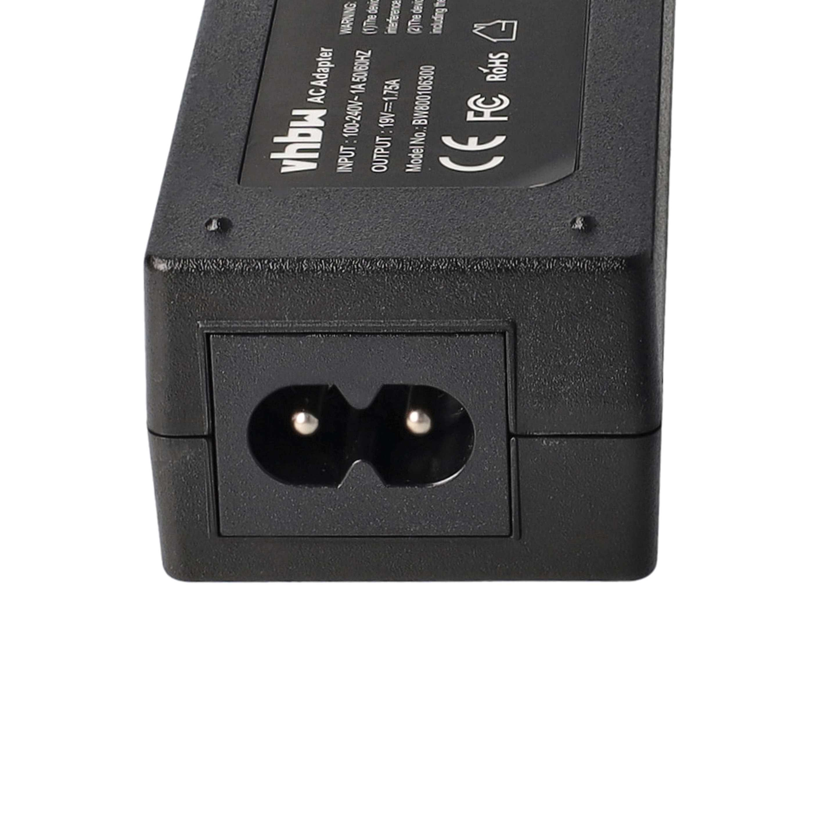 Schwarzes AC-Adapter mit Steckdose. Text darauf lautet 'vhbw AC Adapter', Eingangs- und Ausgangsdaten.