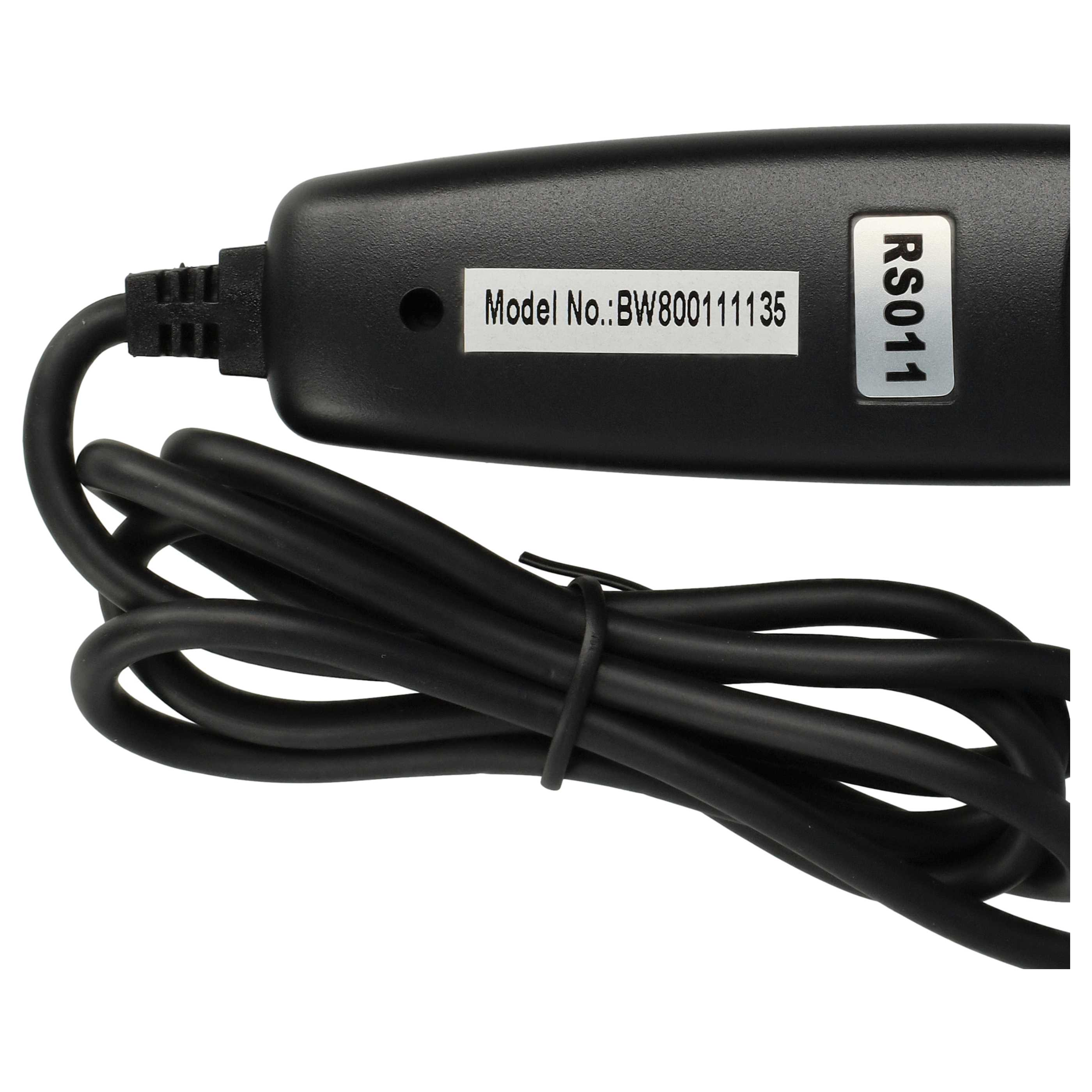 Ein schwarzes Gerät mit Kabel. Es hat ein Etikett mit Text und einen Aufkleber mit der Aufschrift RS011.