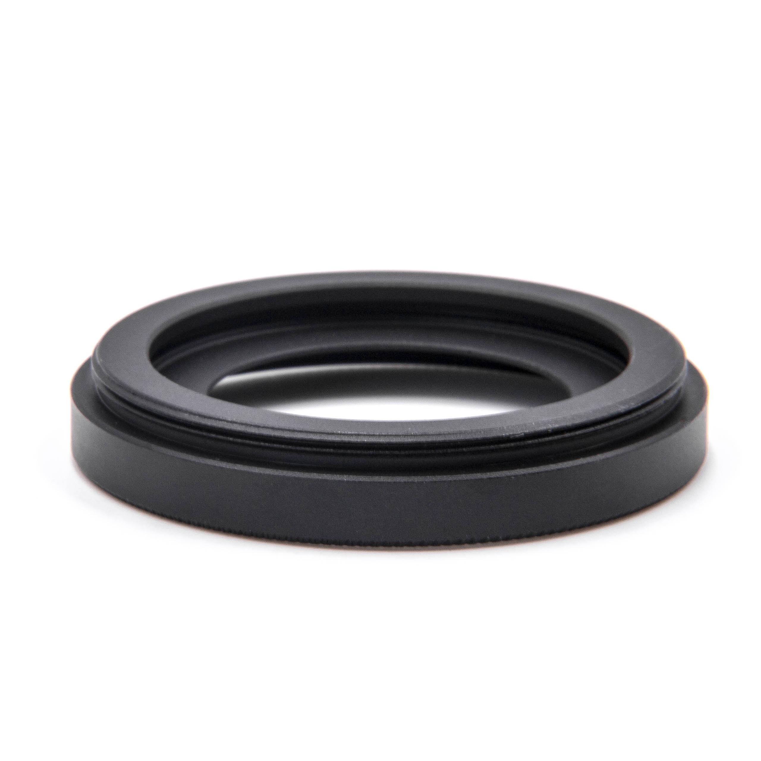 Ein schwarzer Objektivadapterring liegt auf weißem Hintergrund. Der Ring ist kreisförmig mit einem Gewinderand.