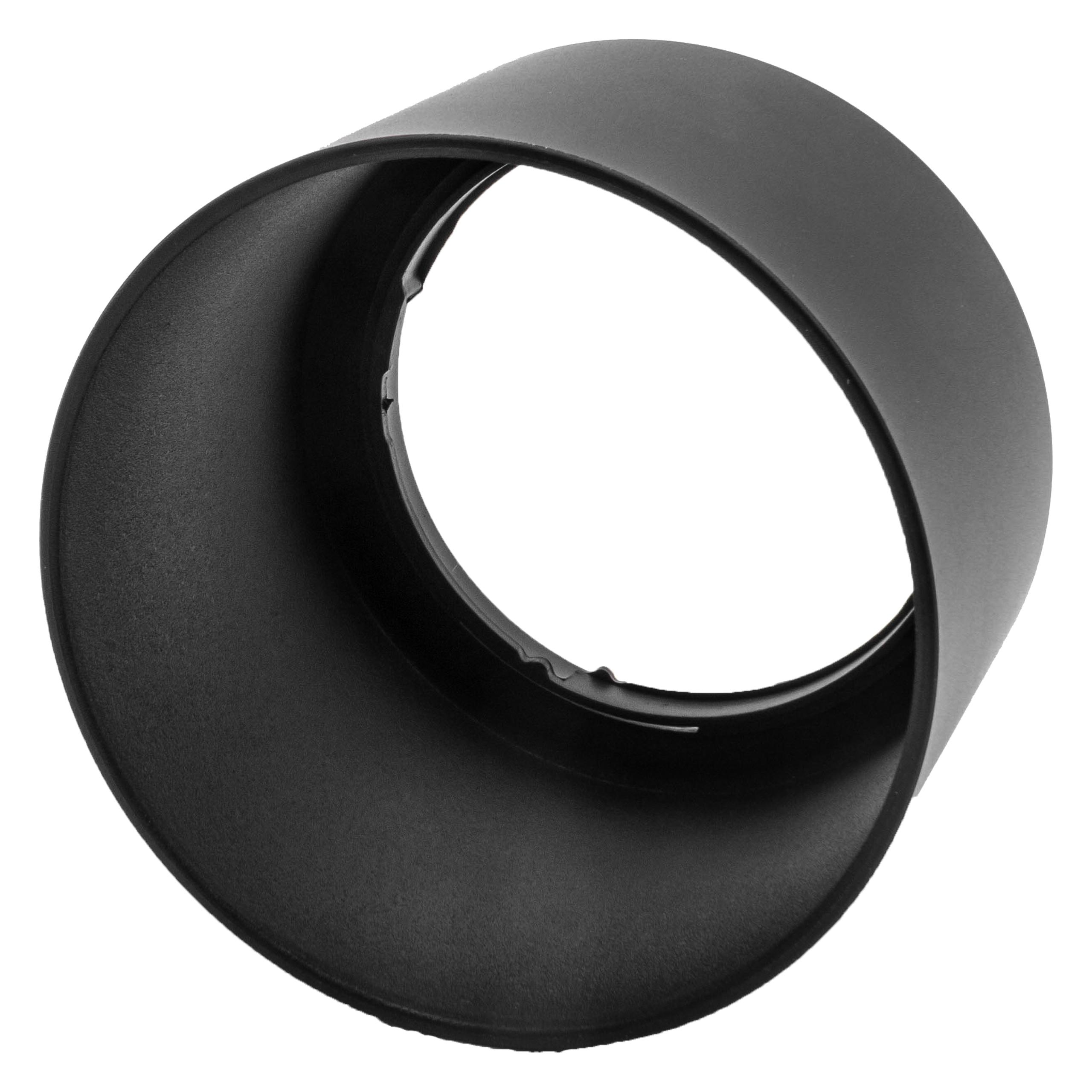 Eine schwarze Objektivsonnenblende mit kreisförmiger Form vor weißem Hintergrund. Die Haube scheint aus Kunststoff zu sein.