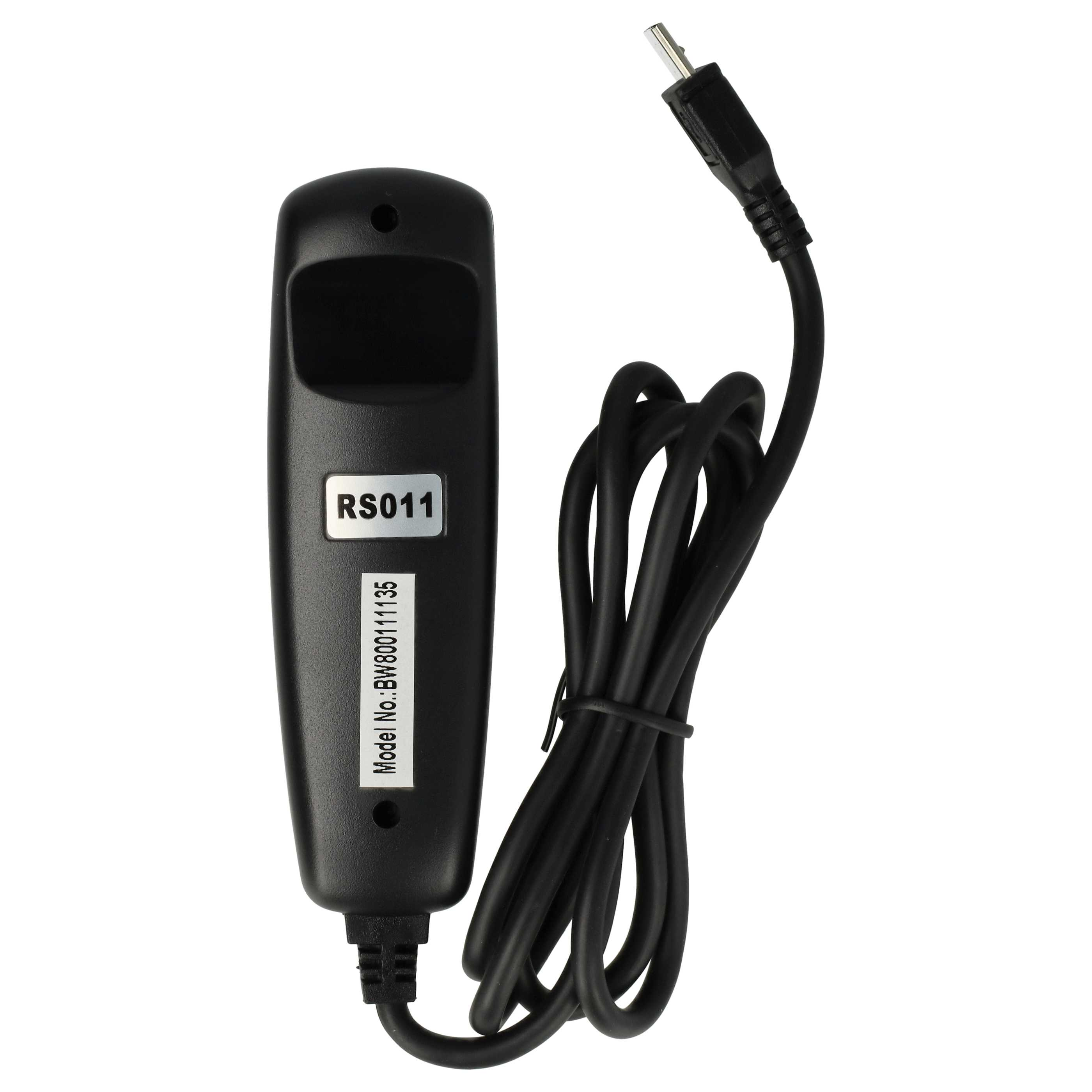 Schwarze Kamerafernbedienung mit USB-Kabel. Die Fernbedienung hat RS011 darauf. Das Kabel ist aufgerollt.
