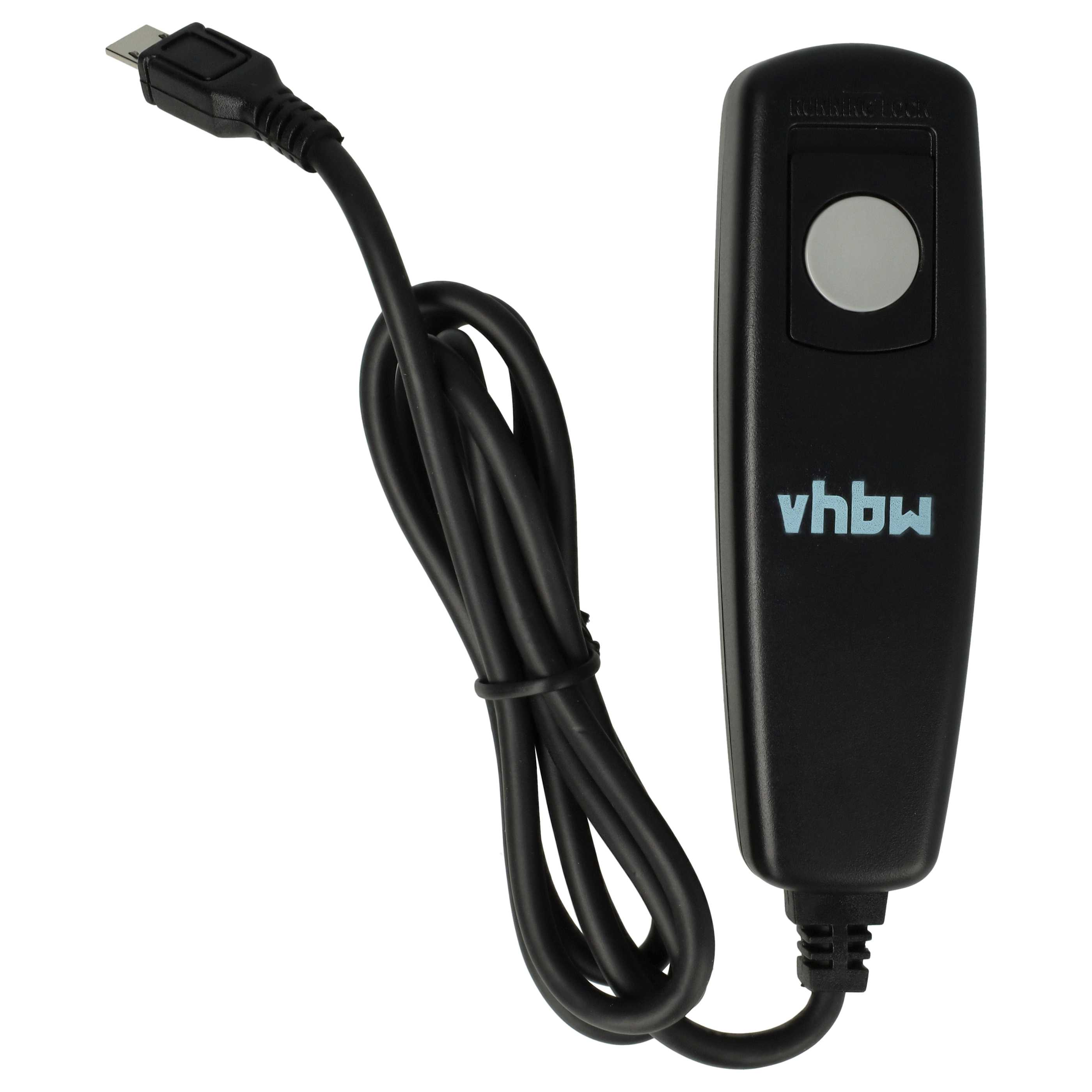 Eine schwarze Fernbedienung mit Kabel und Knopf. Der Markenname 'vhbw' ist sichtbar. Der Hintergrund ist weiß.