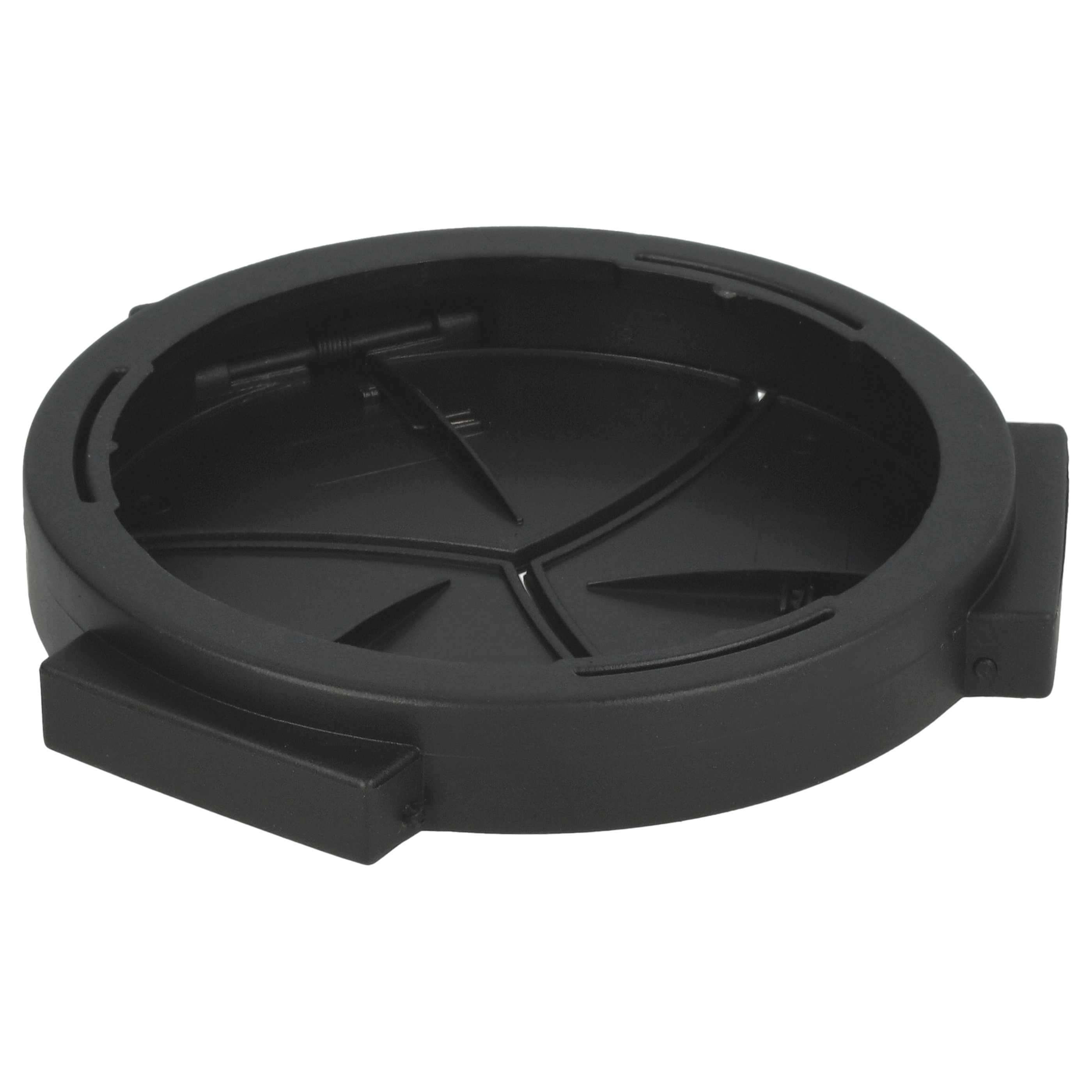 Eine schwarze Kunststoffkomponente mit kreisförmiger Form und Griff. Das Zentrum hat ein einzigartiges Design.