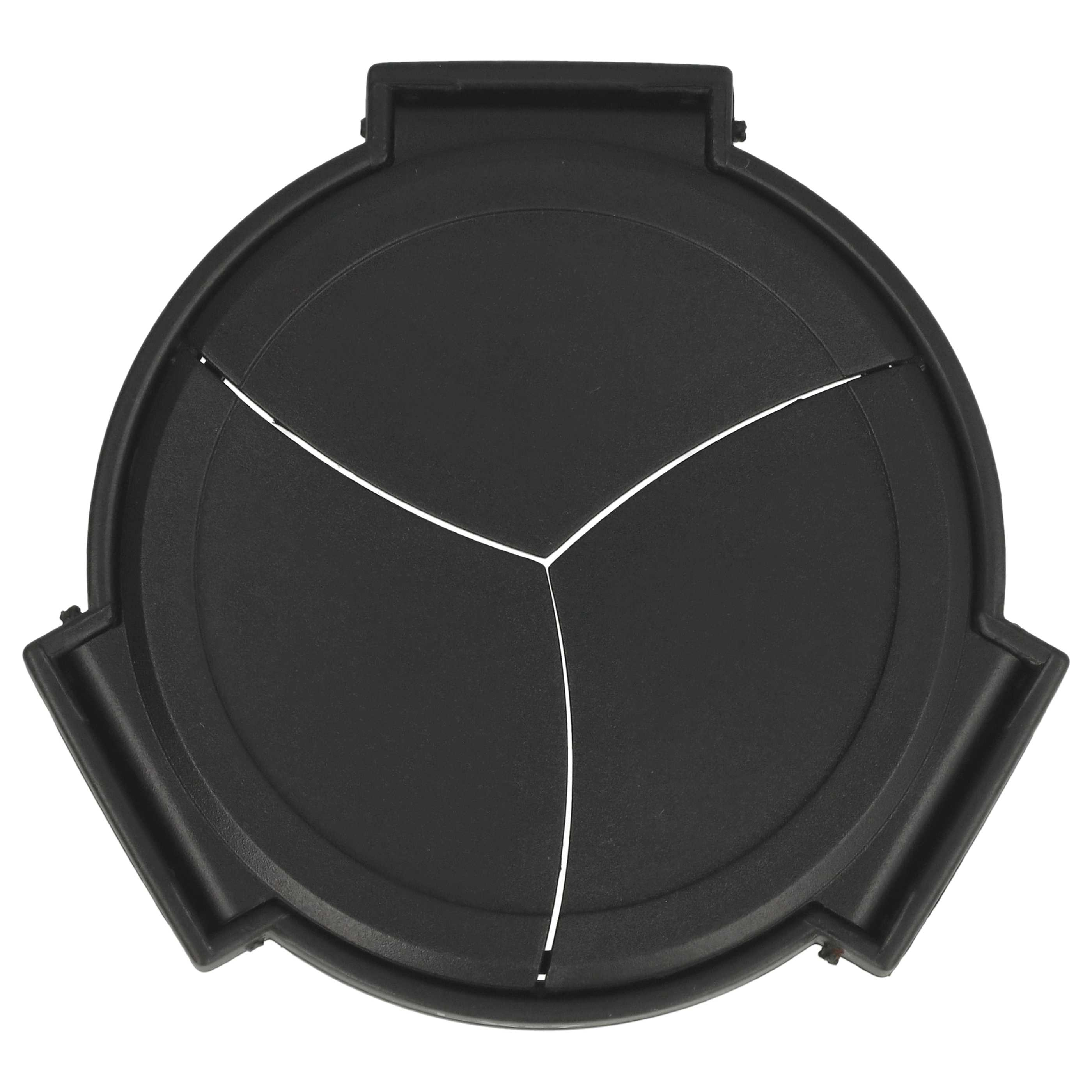 Ein schwarzes, kreisförmiges Objekt mit drei weißen Linien. Es hat drei Vorsprünge und einen weißen Hintergrund.