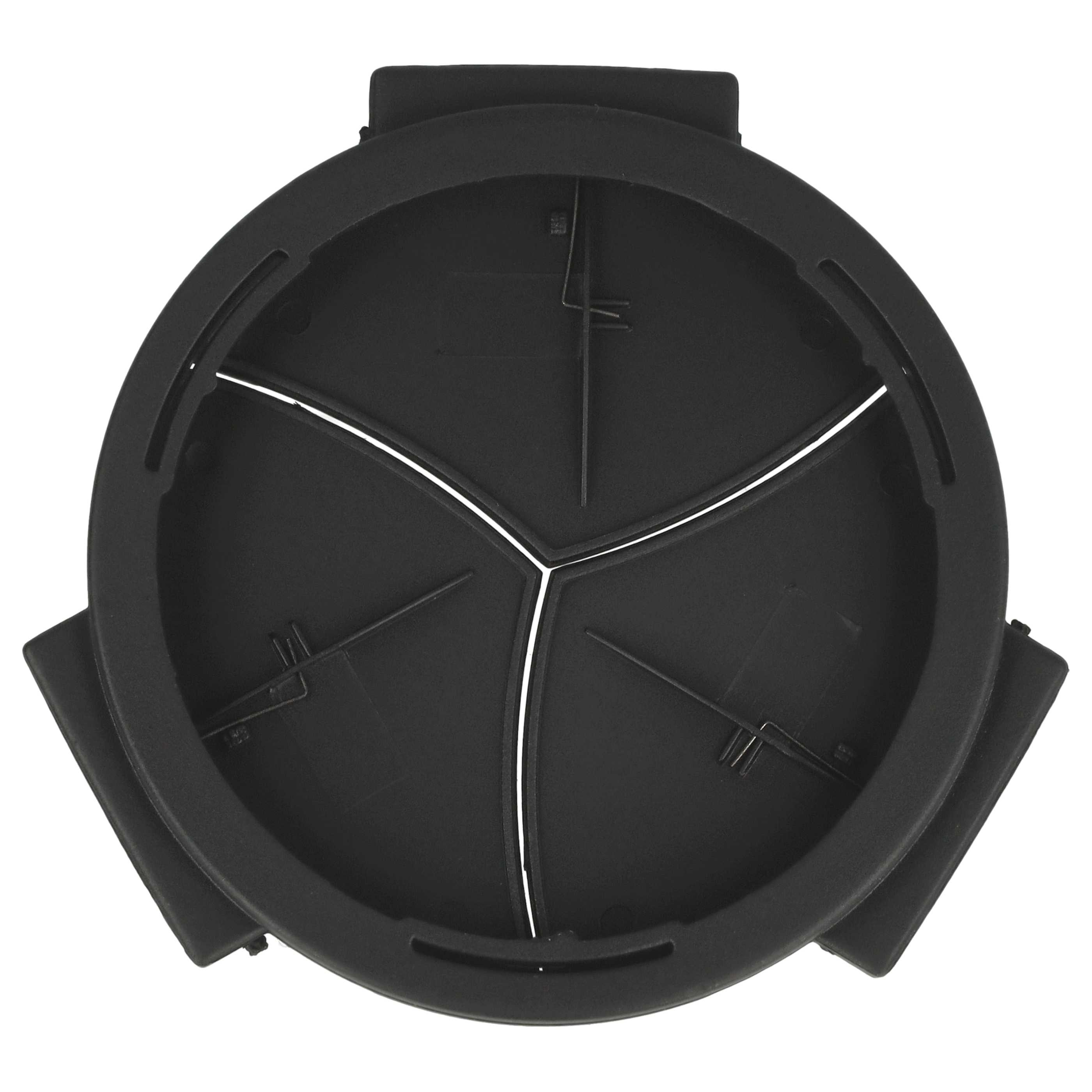Ein schwarzes Kunststoffteil mit kreisförmigem Design, drei Abschnitte und weiße Akzente. Teile erstrecken sich nach außen.