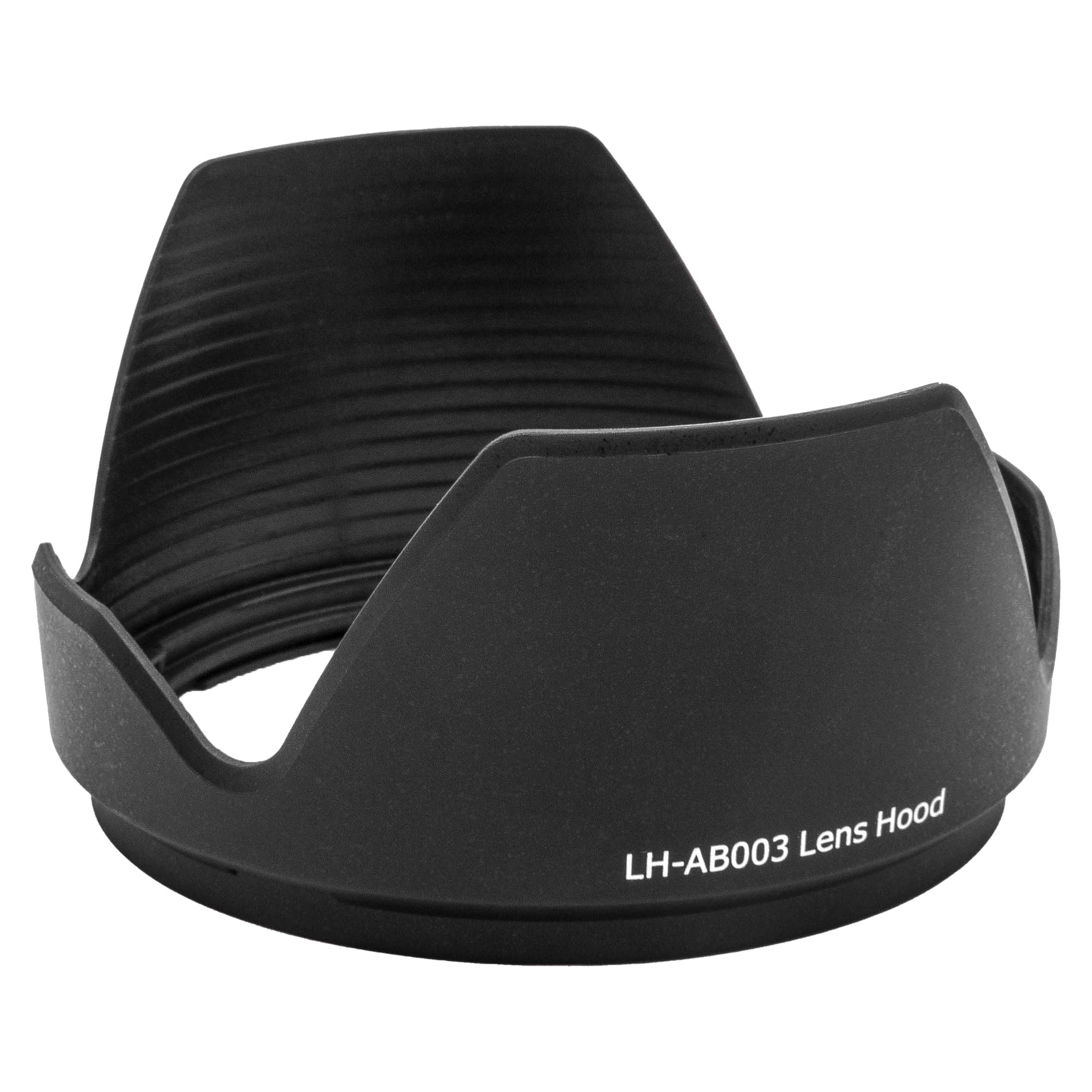 Eine schwarze Objektiv-Gegenlichtblende, Modell LH-AB003, liegt auf weißem Hintergrund. Die Innenseite ist geriffelt.