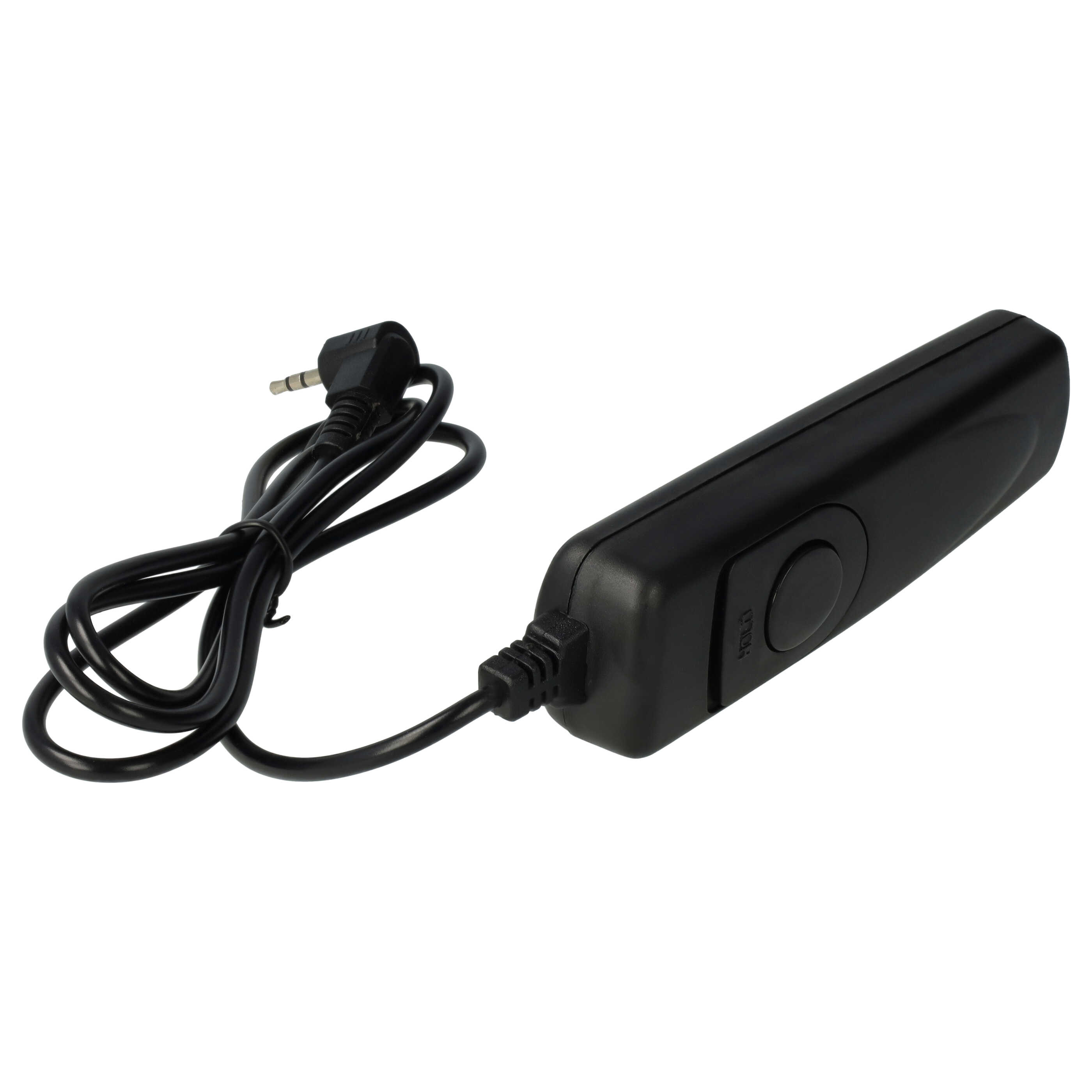 Schwarze Kamera-Fernbedienung mit angeschlossenem Kabel und 3,5-mm-Klinke. Die Fernbedienung hat eine Taste mit der Aufschrift 'PUSH'.