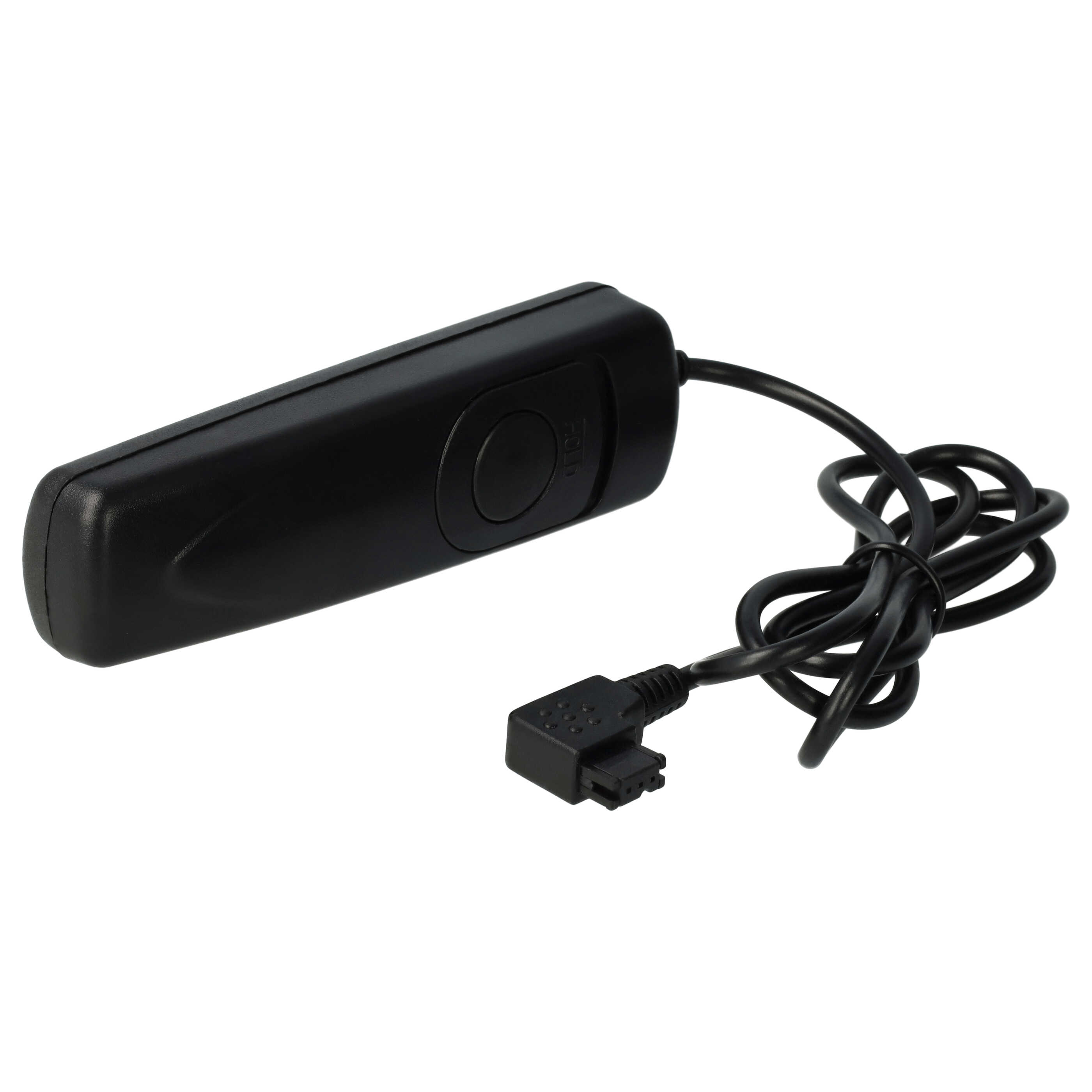 Ein schwarzer Fernauslöser mit Taste und Kabel. Es befindet sich auf weißem Hintergrund.