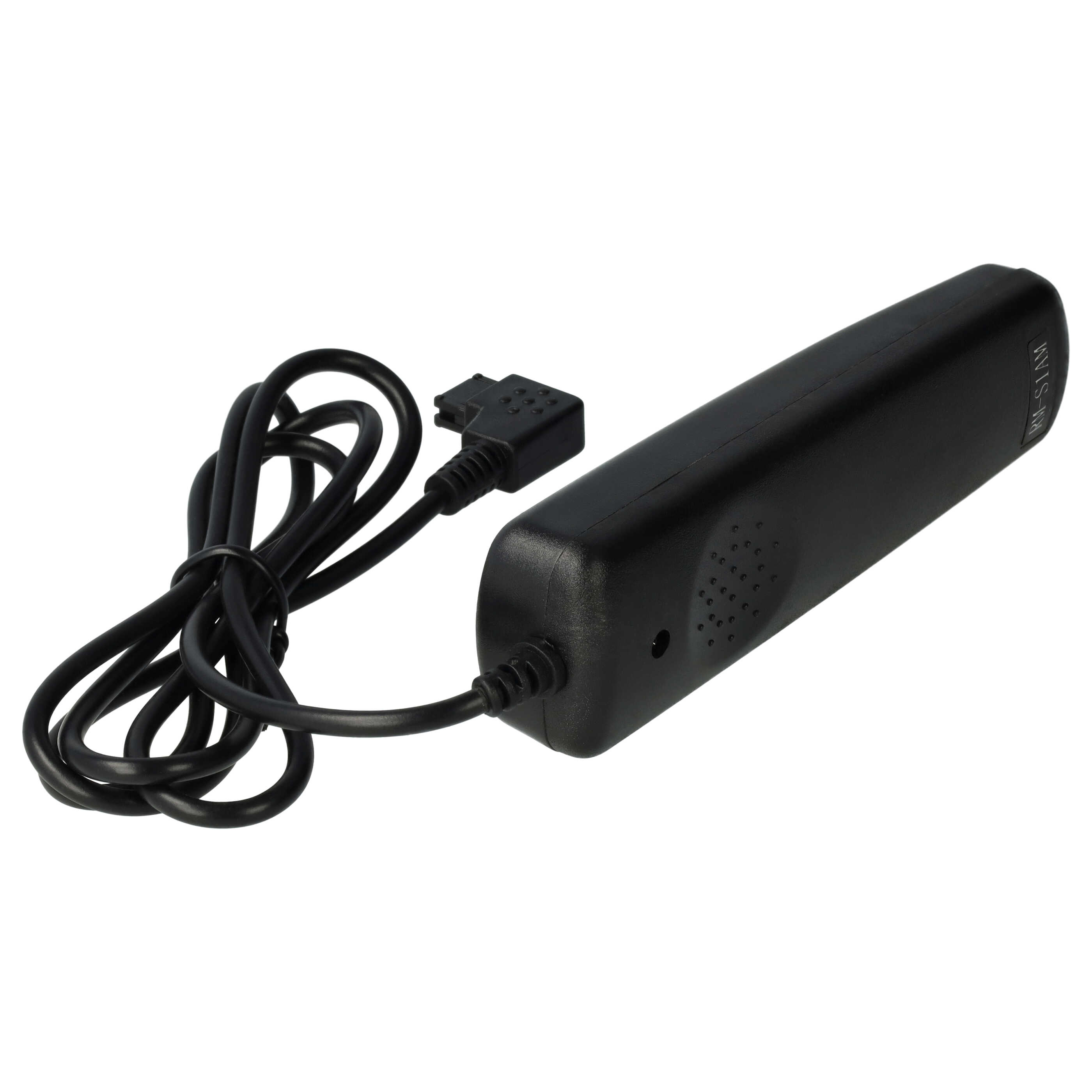 Eine schwarze Fernbedienung mit Kabel. Die Fernbedienung hat einen Stecker und die Aufschrift RM-S1AM.