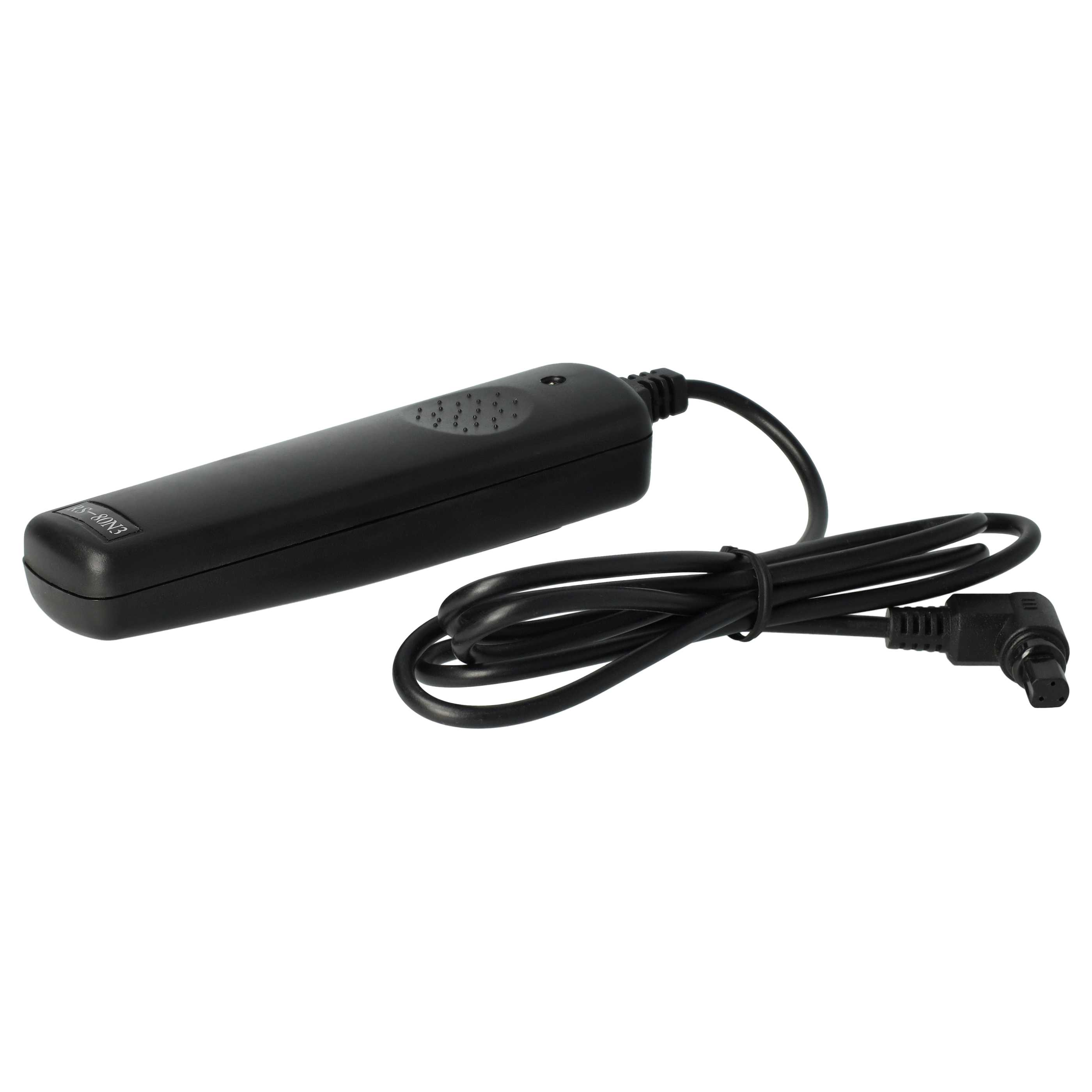Eine schwarze Kamera-Fernbedienung mit einem gewickelten Kabel. Die Fernbedienung befindet sich auf weißem Hintergrund.