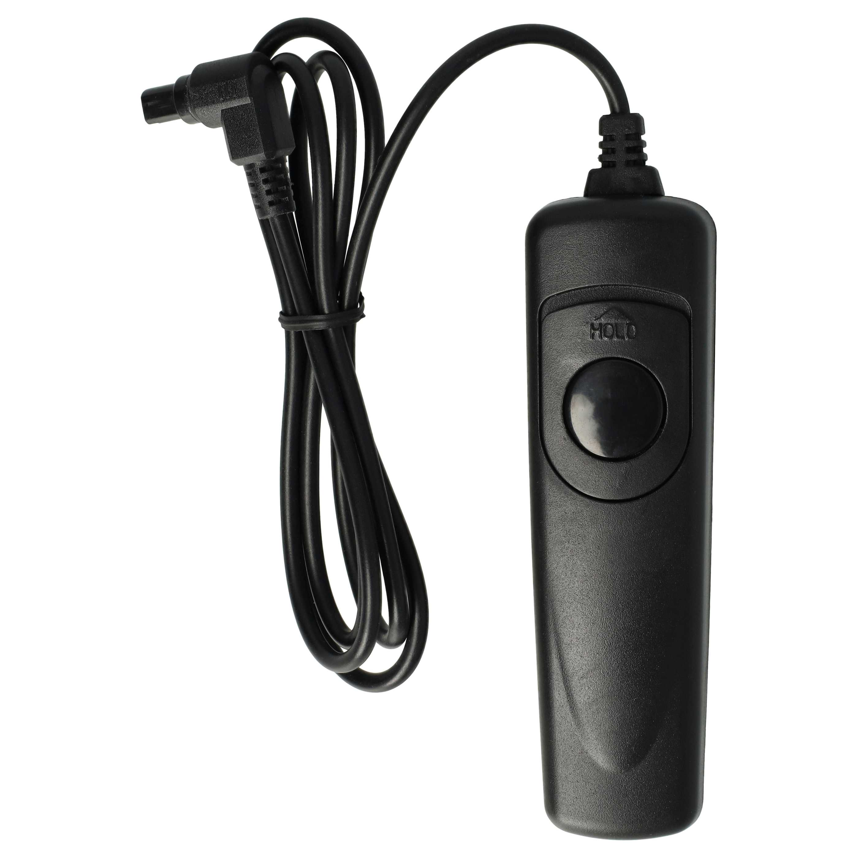 Eine schwarze Kamera-Fernbedienung mit Kabel. Die Fernbedienung hat eine Taste und die Aufschrift 'HOLD'. Weißer Hintergrund.