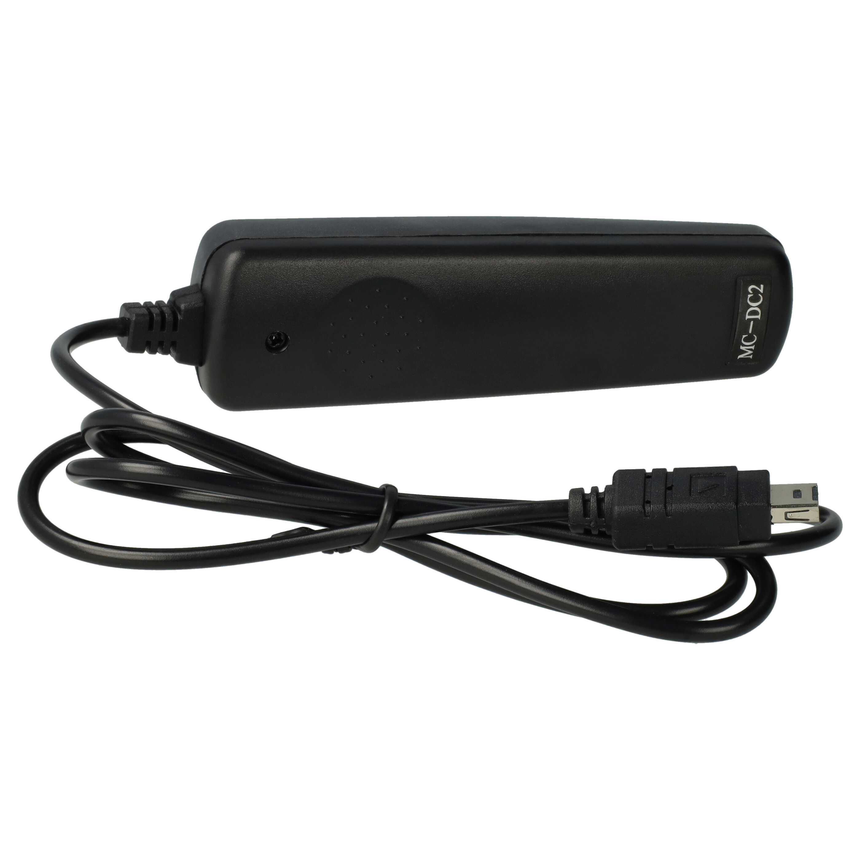 Schwarze Kamera-Fernbedienung mit Kabel und Micro-USB-Anschluss auf weißem Hintergrund.