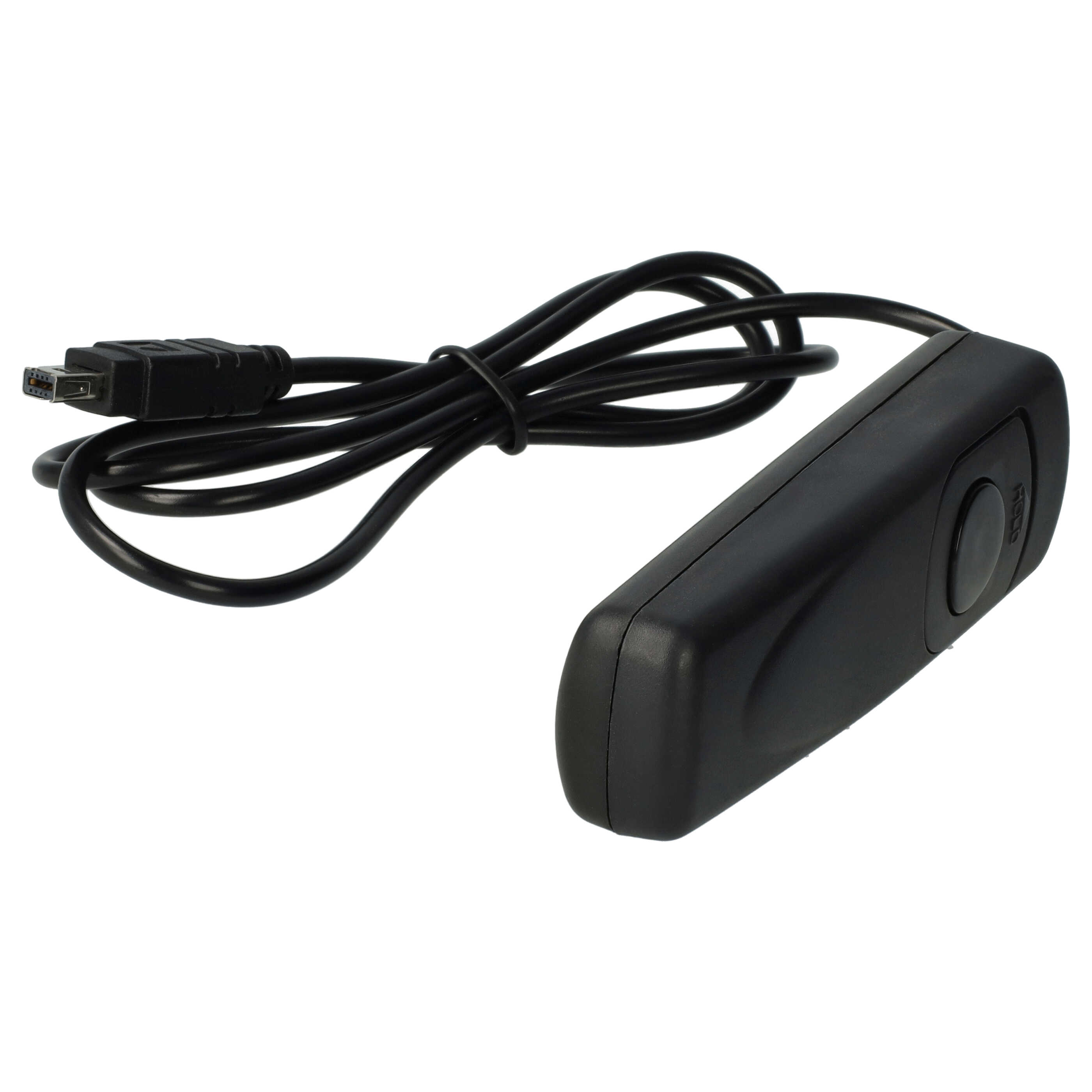 Eine schwarze Kamera-Fernbedienung mit Kabel und Knopf auf weißem Hintergrund.