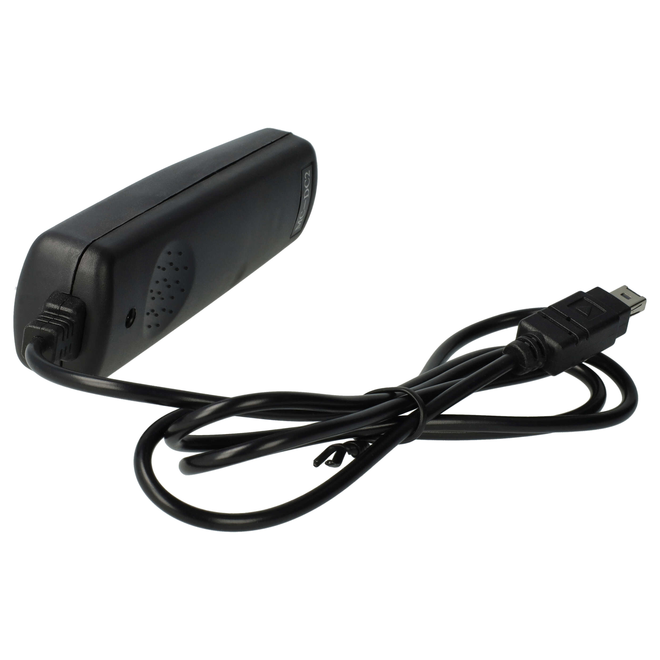 Eine schwarze Kamera-Fernbedienung mit Kabel und USB-Anschluss auf weißem Grund.
