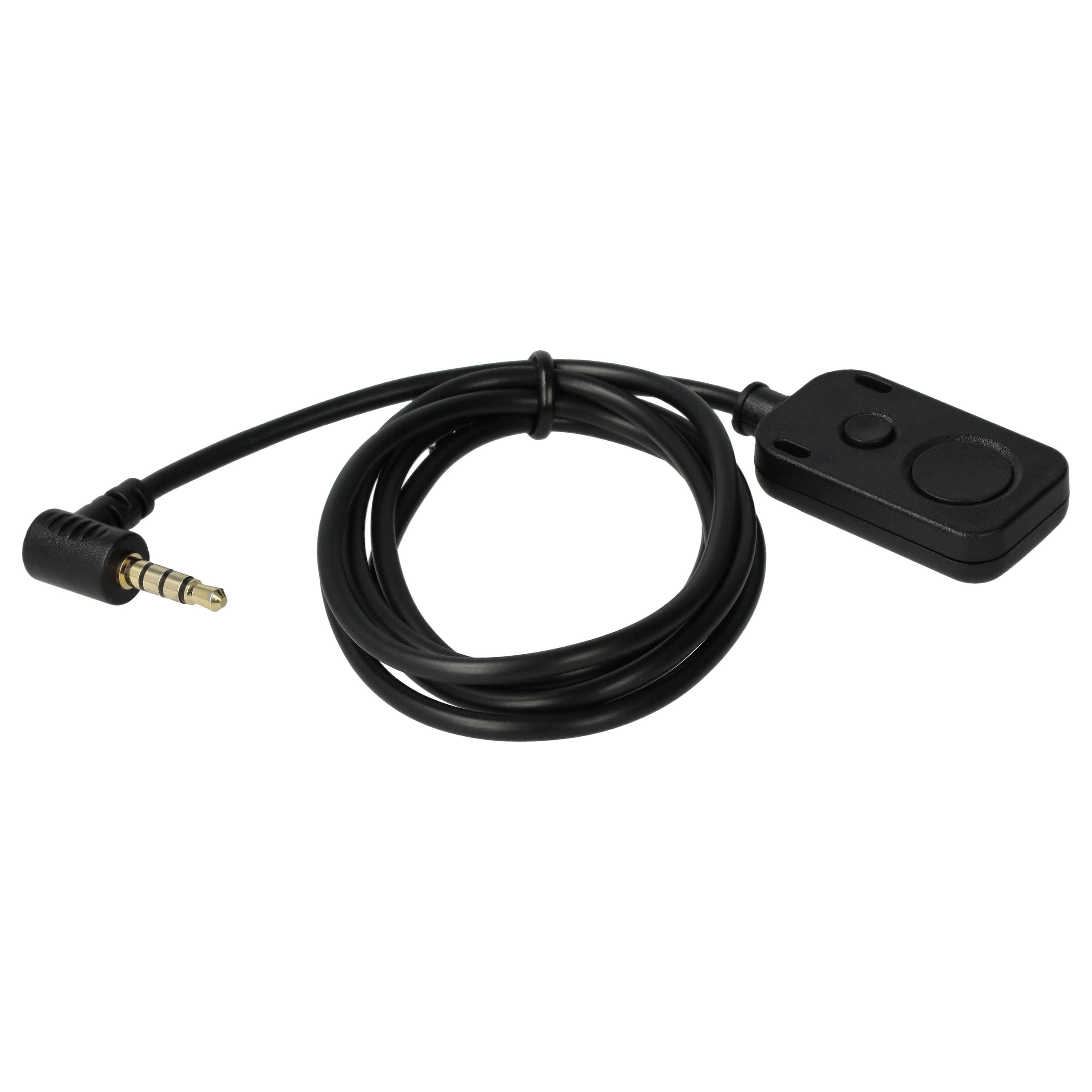 Ein schwarzes Kabel mit einem Knopf und einem 3,5-mm-Klinkenstecker. Der Knopf befindet sich auf einem schwarzen Rechteck.