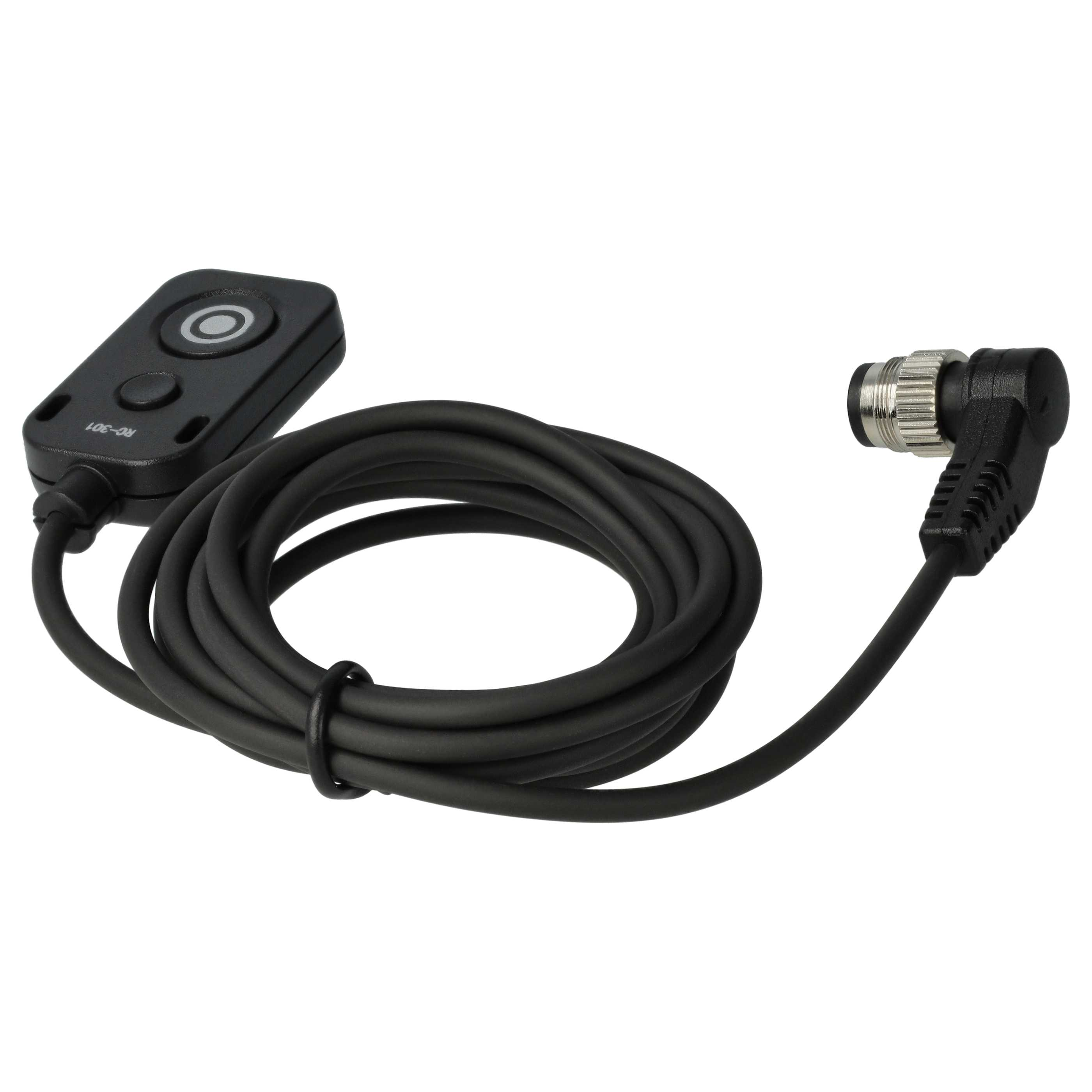 Schwarze Kamerafernbedienung mit gewickeltem Kabel und abgewinkeltem Stecker auf weißem Hintergrund.