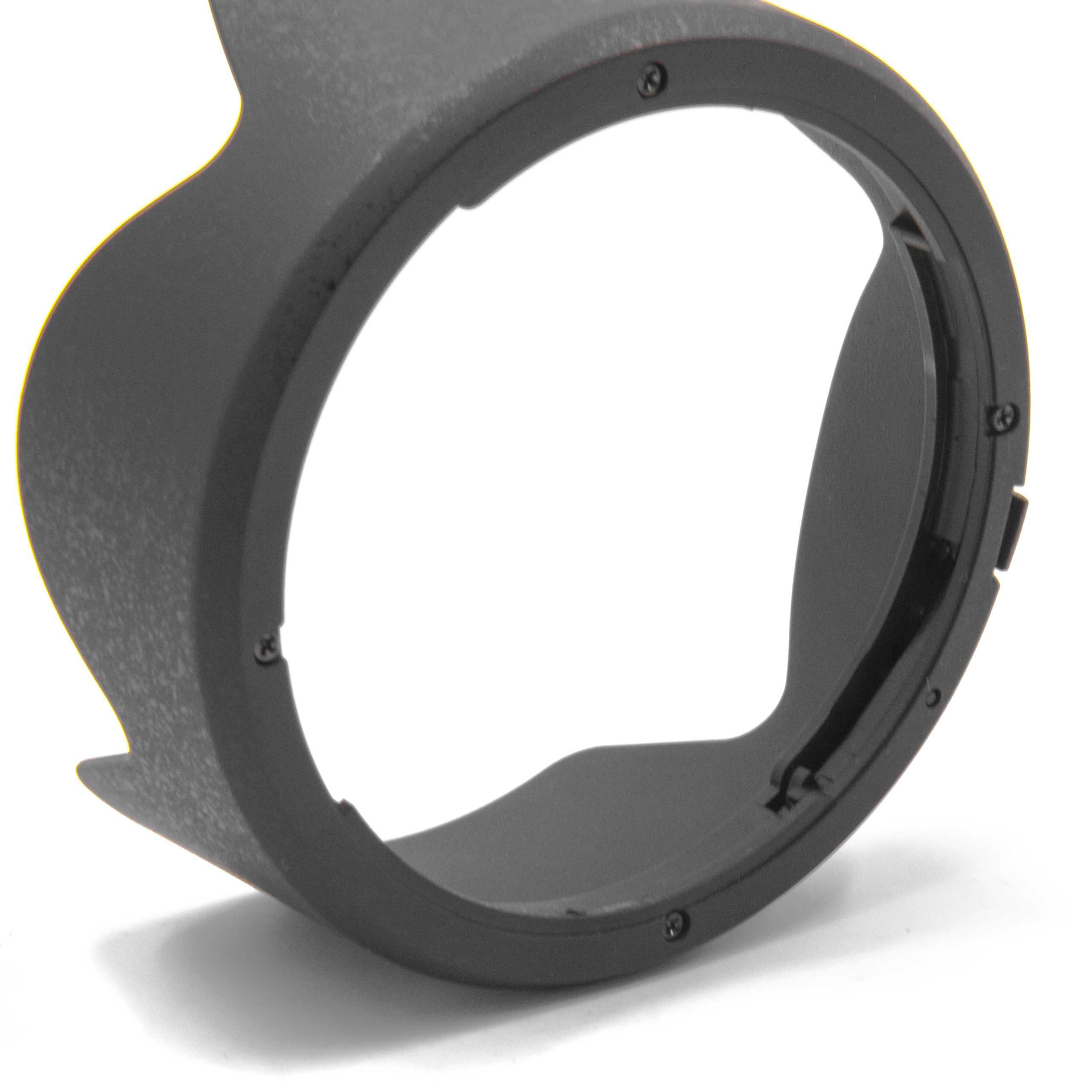 Eine schwarze Objektiv-Gegenlichtblende auf weißem Hintergrund, mit rundem Design und geschwungener Form.