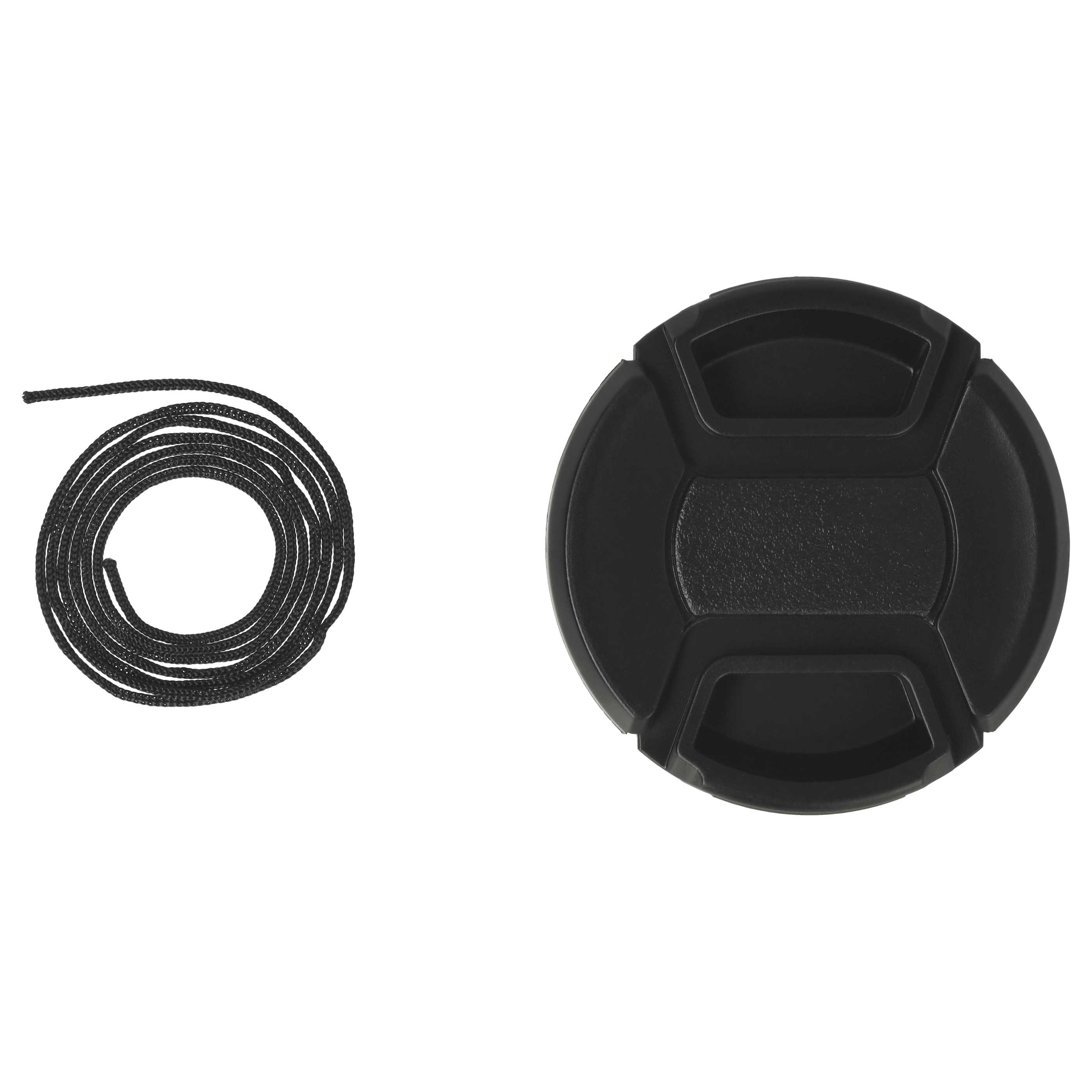 Schwarzer Objektivdeckel mit einer Schlaufe aus schwarzem Kabel auf weißem Hintergrund.