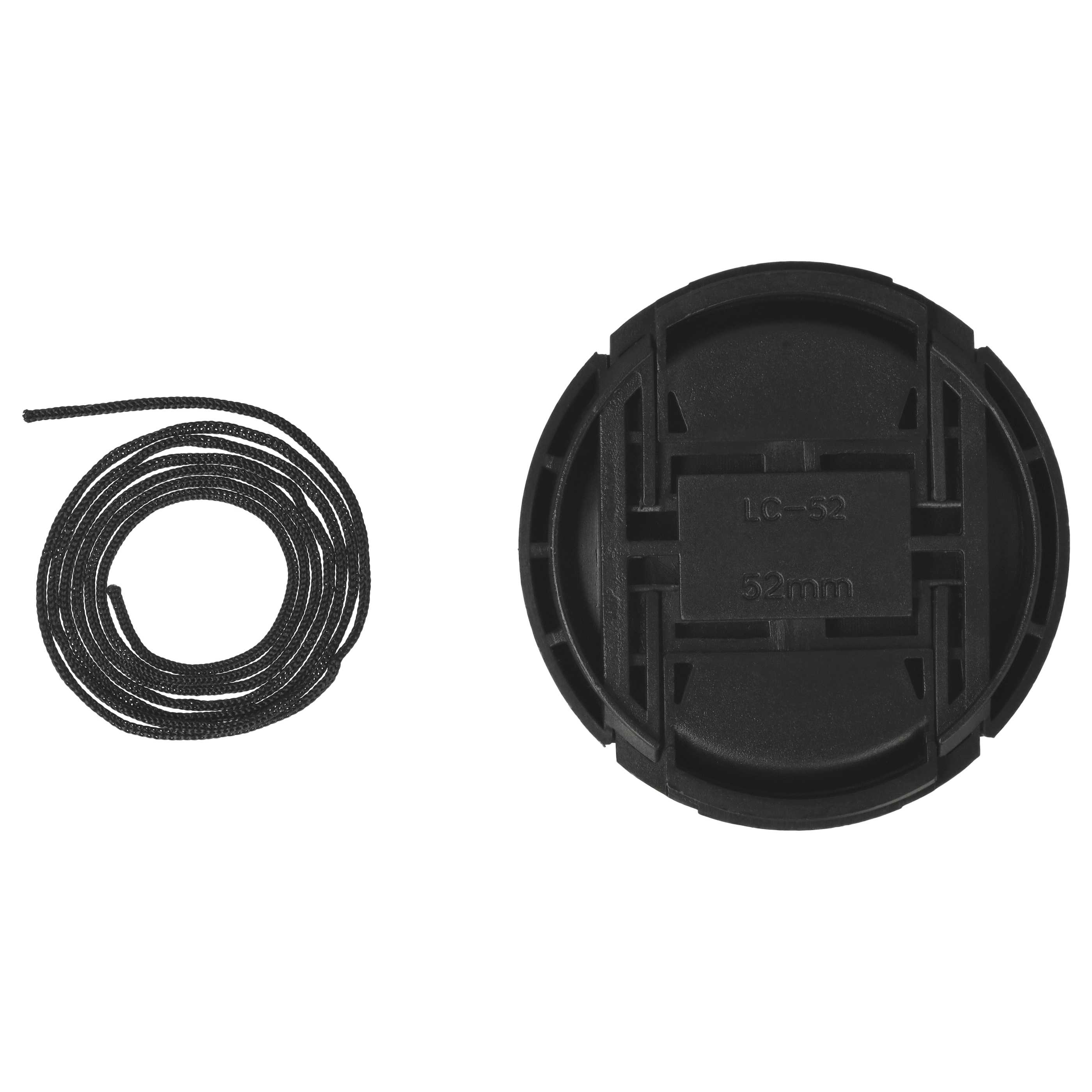 Eine schwarze Objektivkappe mit schwarzem Kabel auf weißem Hintergrund. Die Kappe hat den Text 'LC-52' und '52mm'.