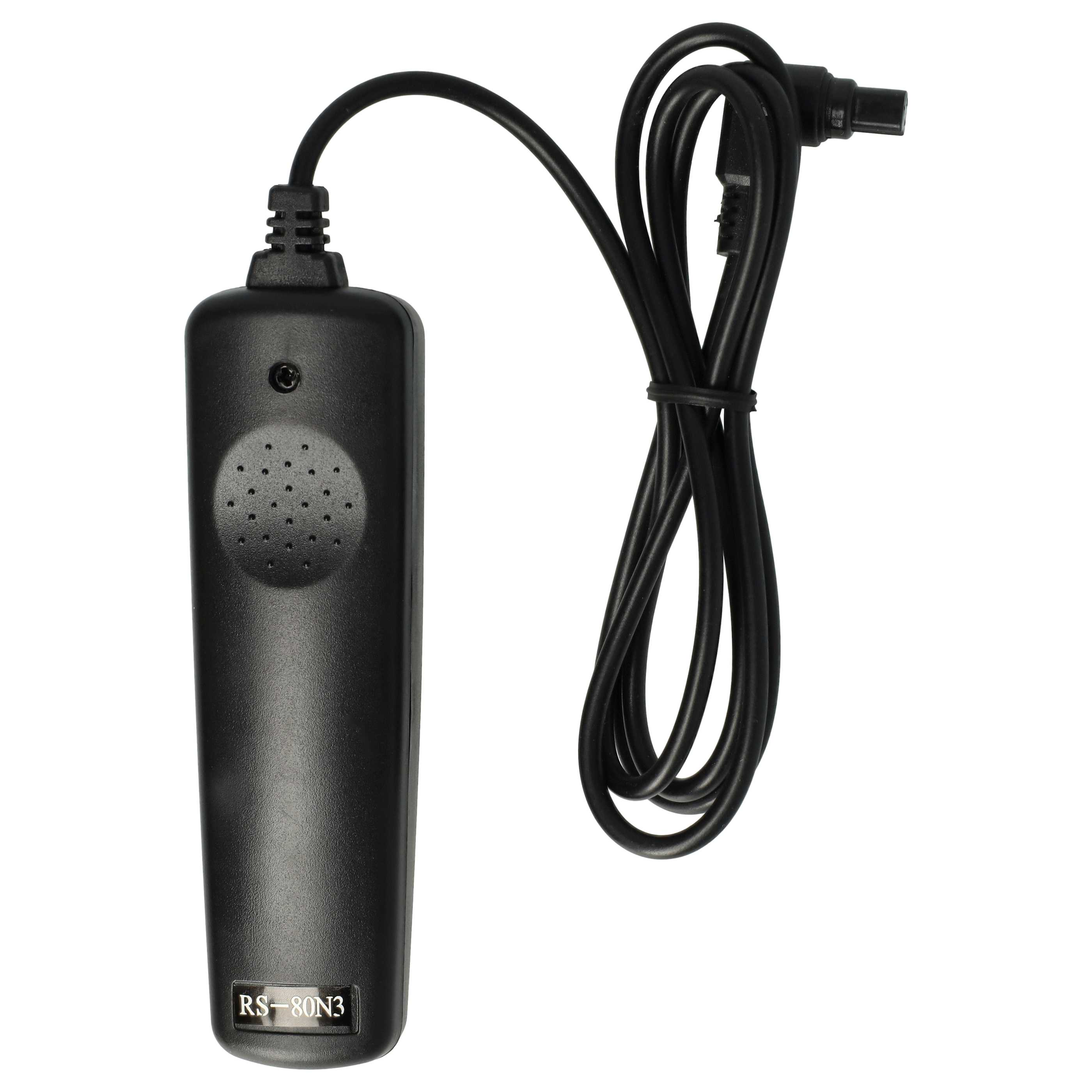 Eine schwarze Kamera-Fernbedienung mit Kabel. Die Fernbedienung hat eine Taste und eine Beschriftung mit der Aufschrift RS-80N3. Weißer Hintergrund.