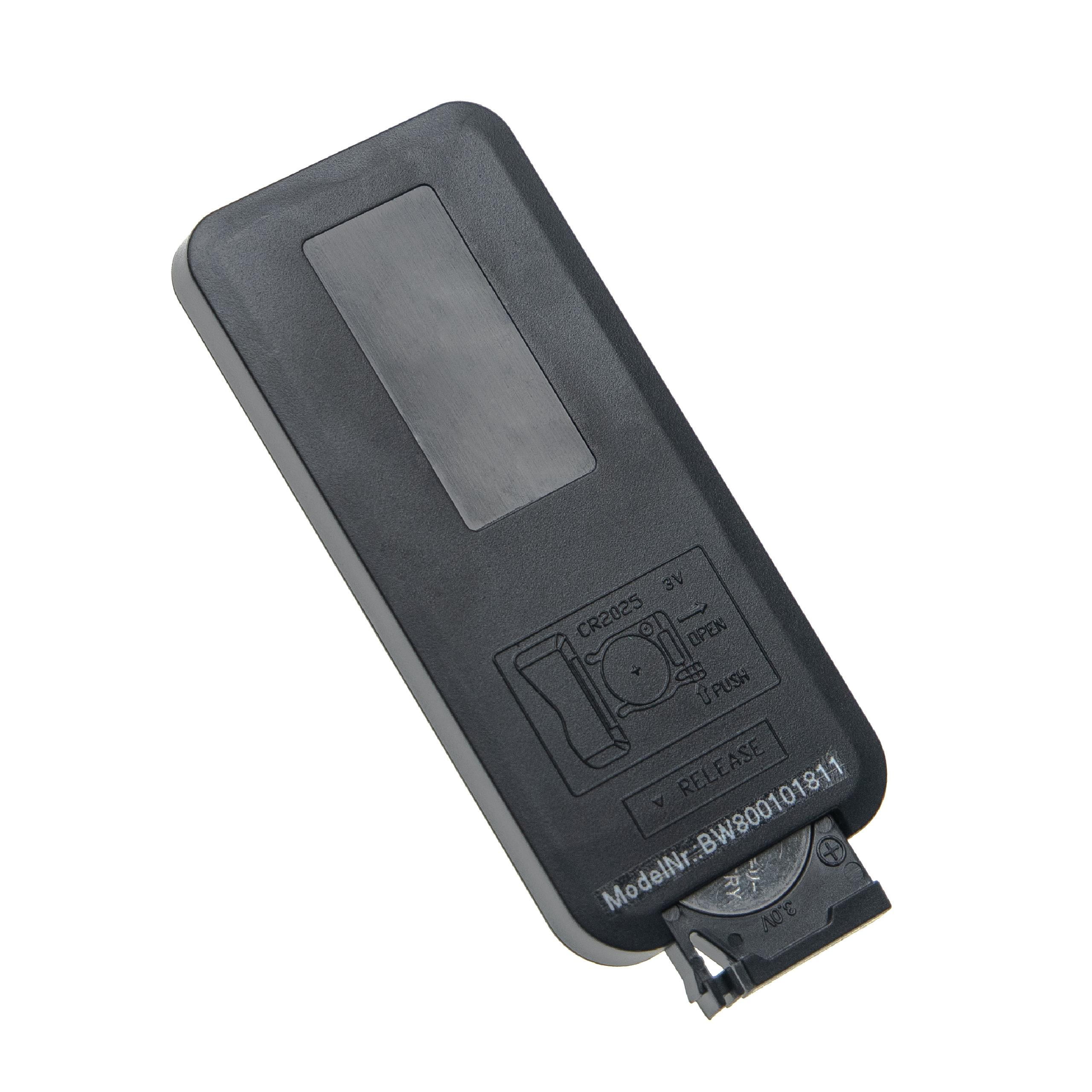 Schwarze Fernbedienung mit rechteckigem, dunkelgrauem Bereich und offenem Batteriefach unten.