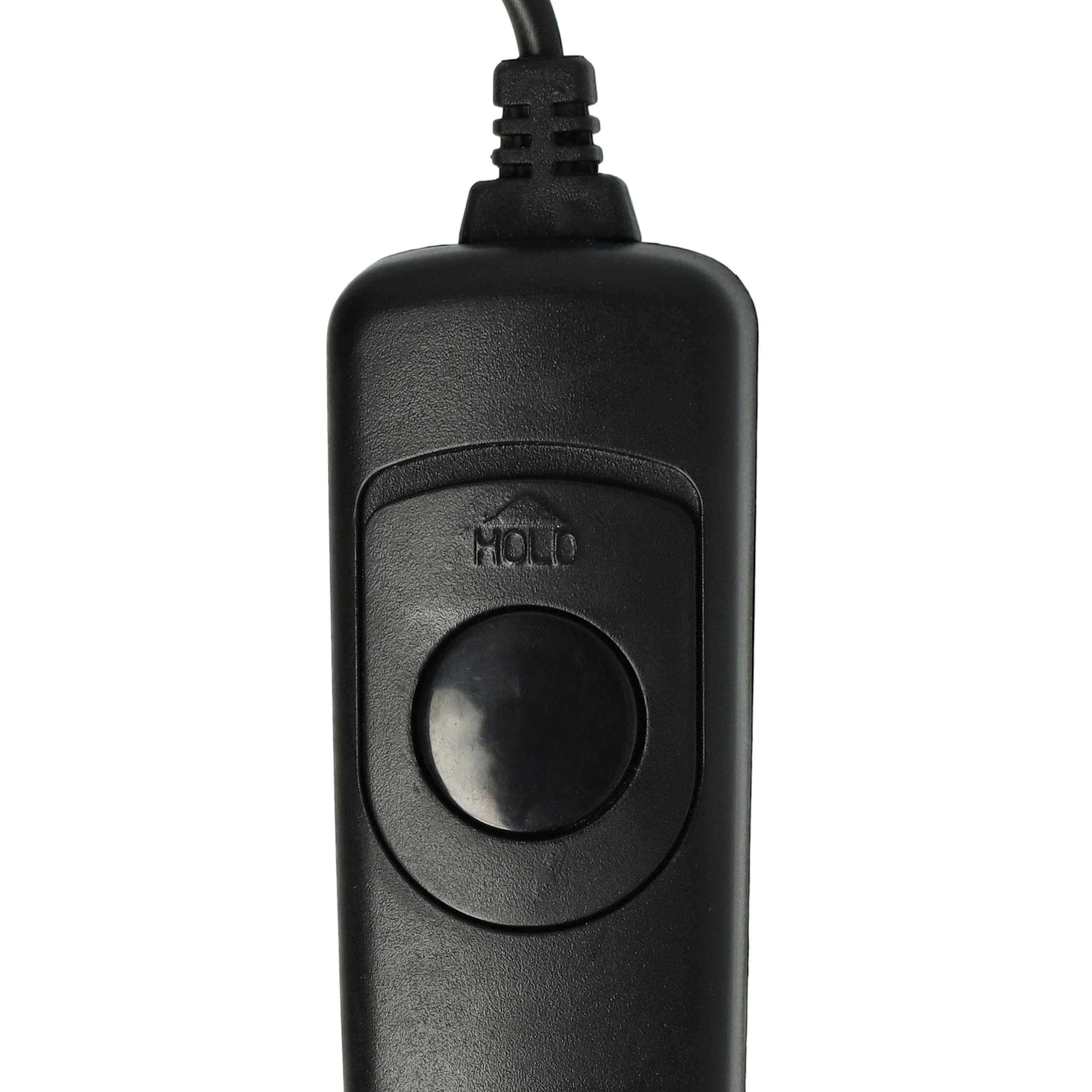 Eine schwarze Fernbedienung mit Taste und dem Wort HALTEN. Oben erstreckt sich ein Kabel. Weißer Hintergrund.