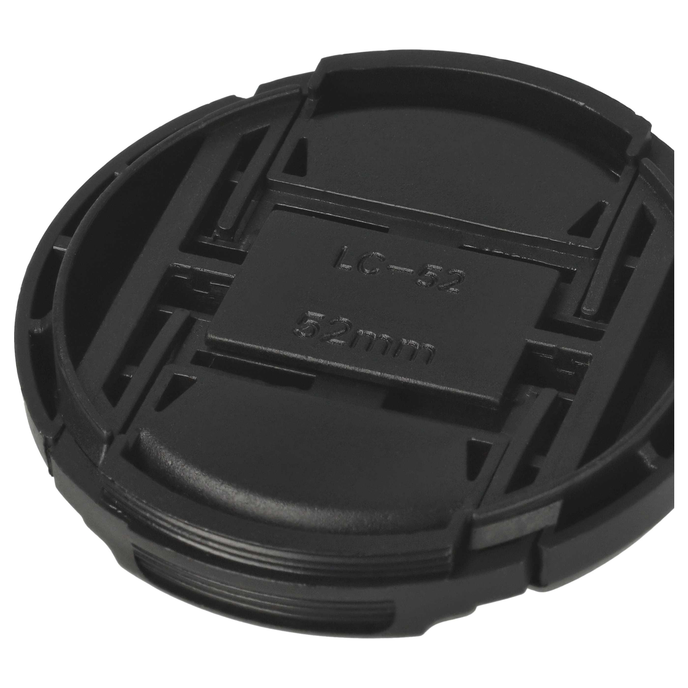 Schwarze Objektivkappe mit der Aufschrift 'LC-52' und '52mm'. Es ist eine ovale Form.