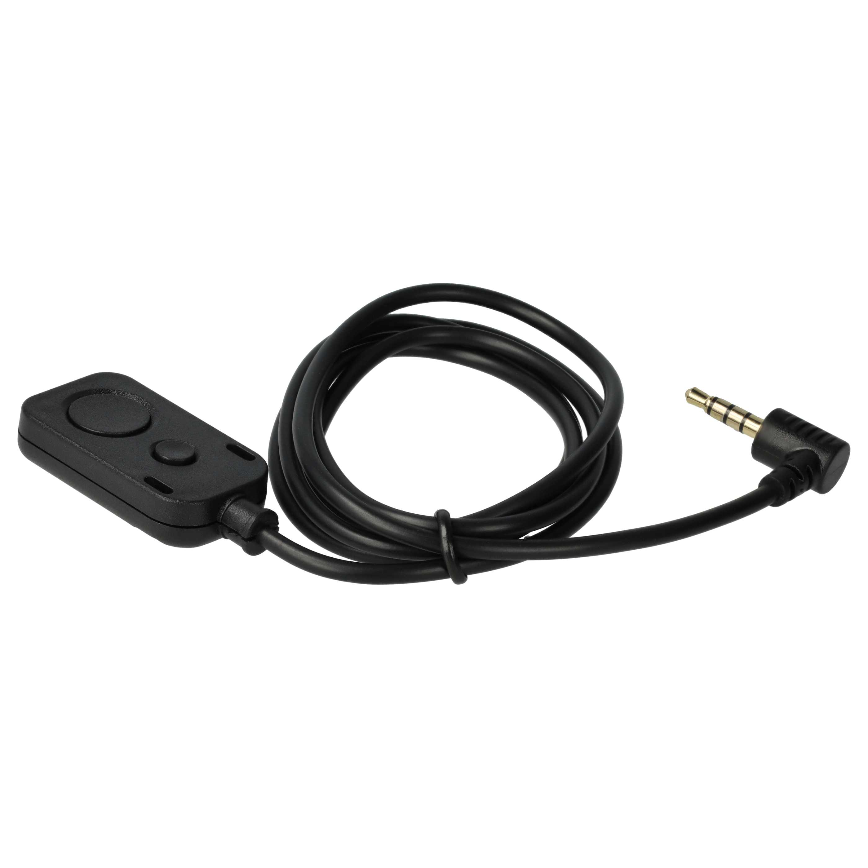 Schwarzes Audiokabel mit Steuerbox und abgewinkeltem 3,5-mm-Klinkenstecker. Das Kabel ist aufgerollt.