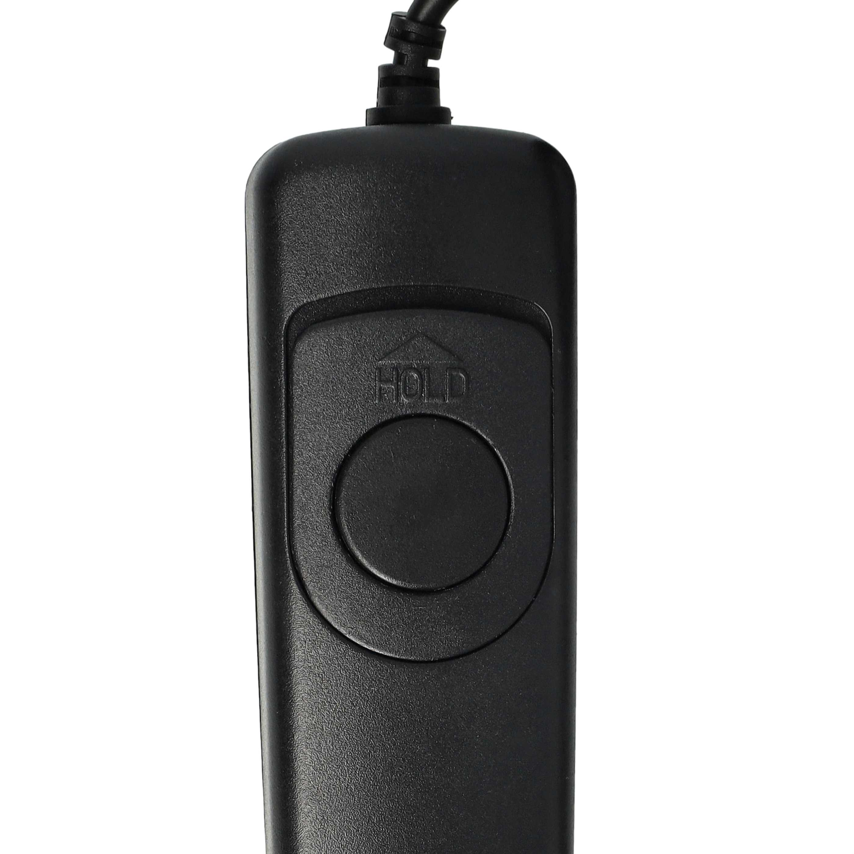 Schwarze Kamera-Fernbedienung mit Knopf und dem Wort 'HOLD'. Sie hat ein Kabel und einen weißen Hintergrund.