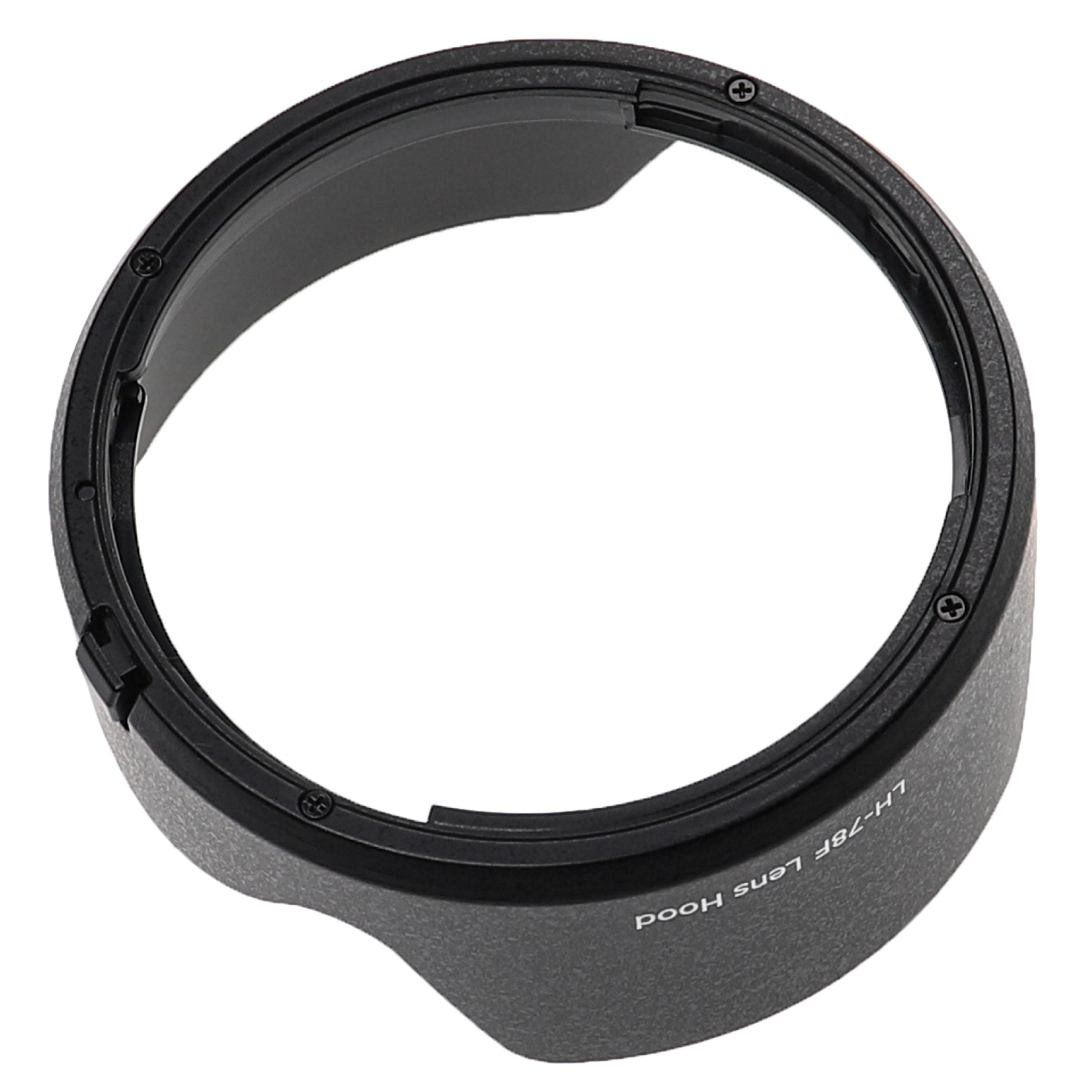 Eine schwarze Objektivsonnenblende, zylindrische Form. Es hat eine matte Oberfläche mit dem Text 'LH-78F Lens Hood'.
