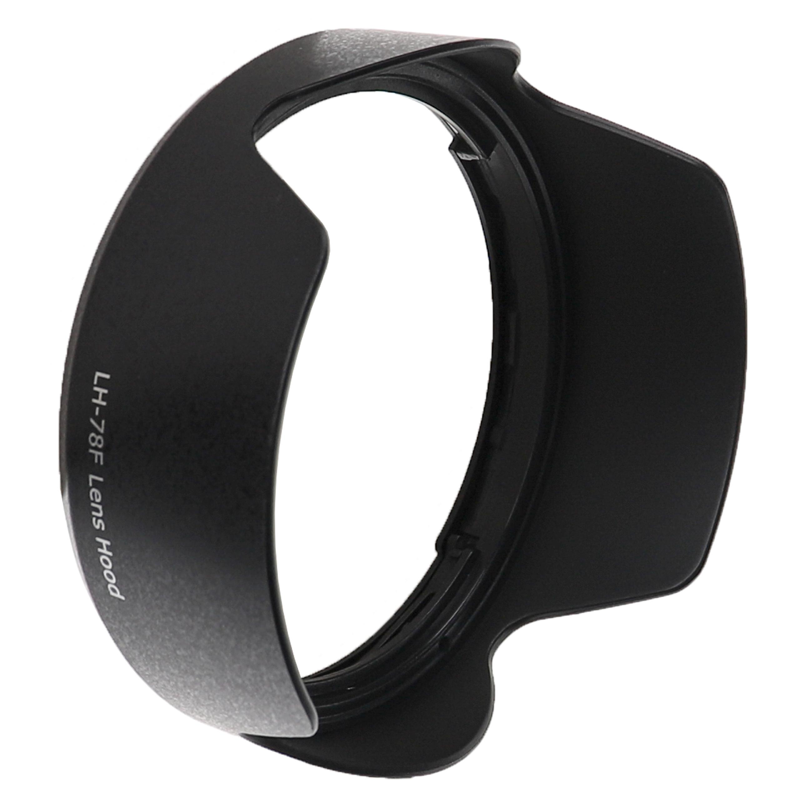 Eine schwarze LH-78F-Objektiv-Gegenlichtblende, gebogene Form, mit dem Text 'LH-78F Lens Hood' darauf, vor weißem Hintergrund.