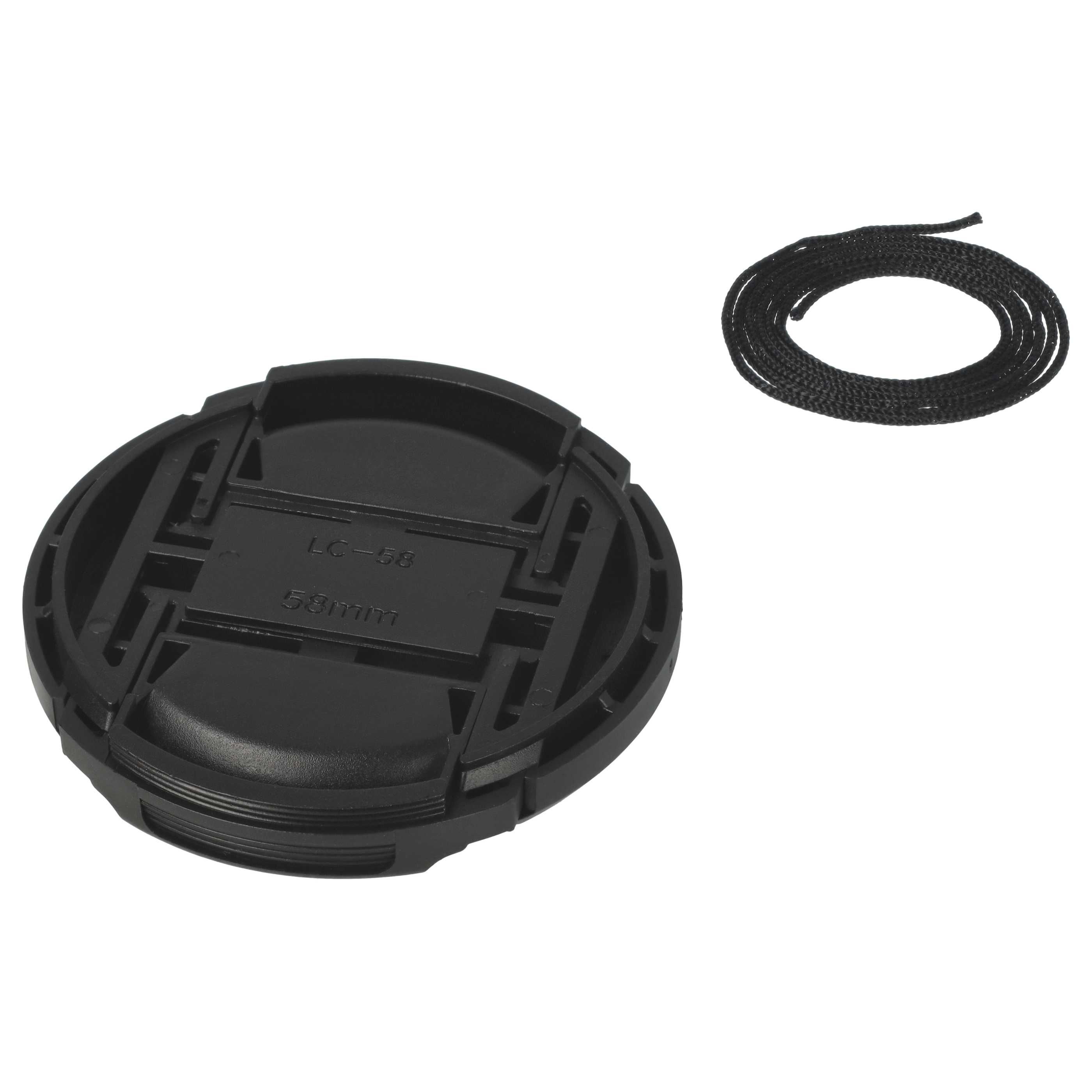 Schwarze Objektivkappe mit Text und eine schwarze Schnur auf weißem Hintergrund.