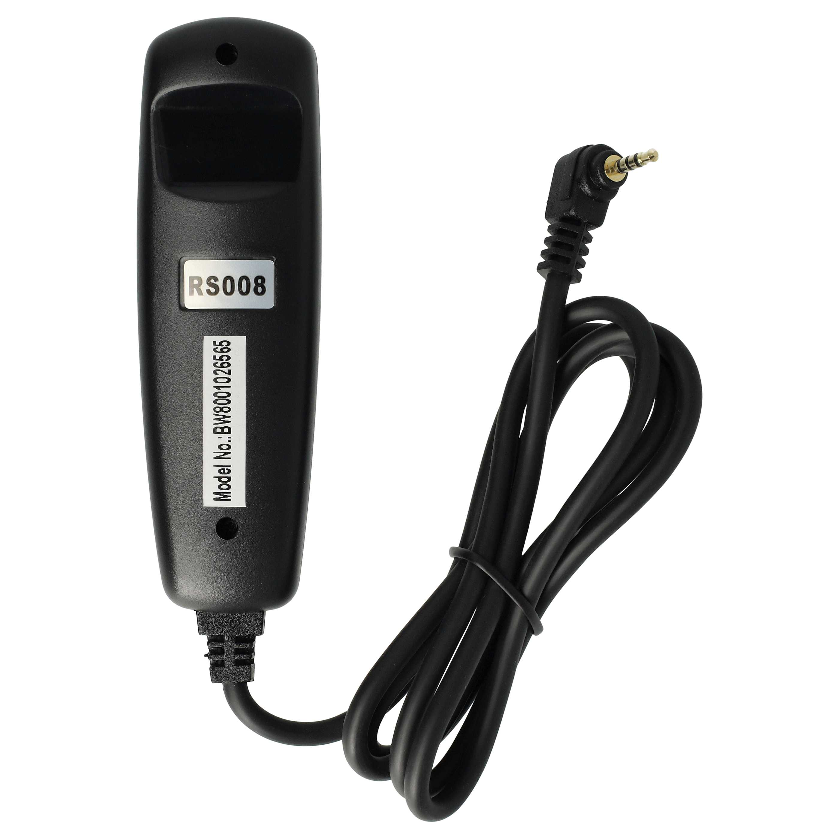 Eine schwarze Kamera-Fernbedienung mit Kabel und 3,5-mm-Klinke. Auf der Fernbedienung ist RS008 aufgedruckt. Weißer Hintergrund.