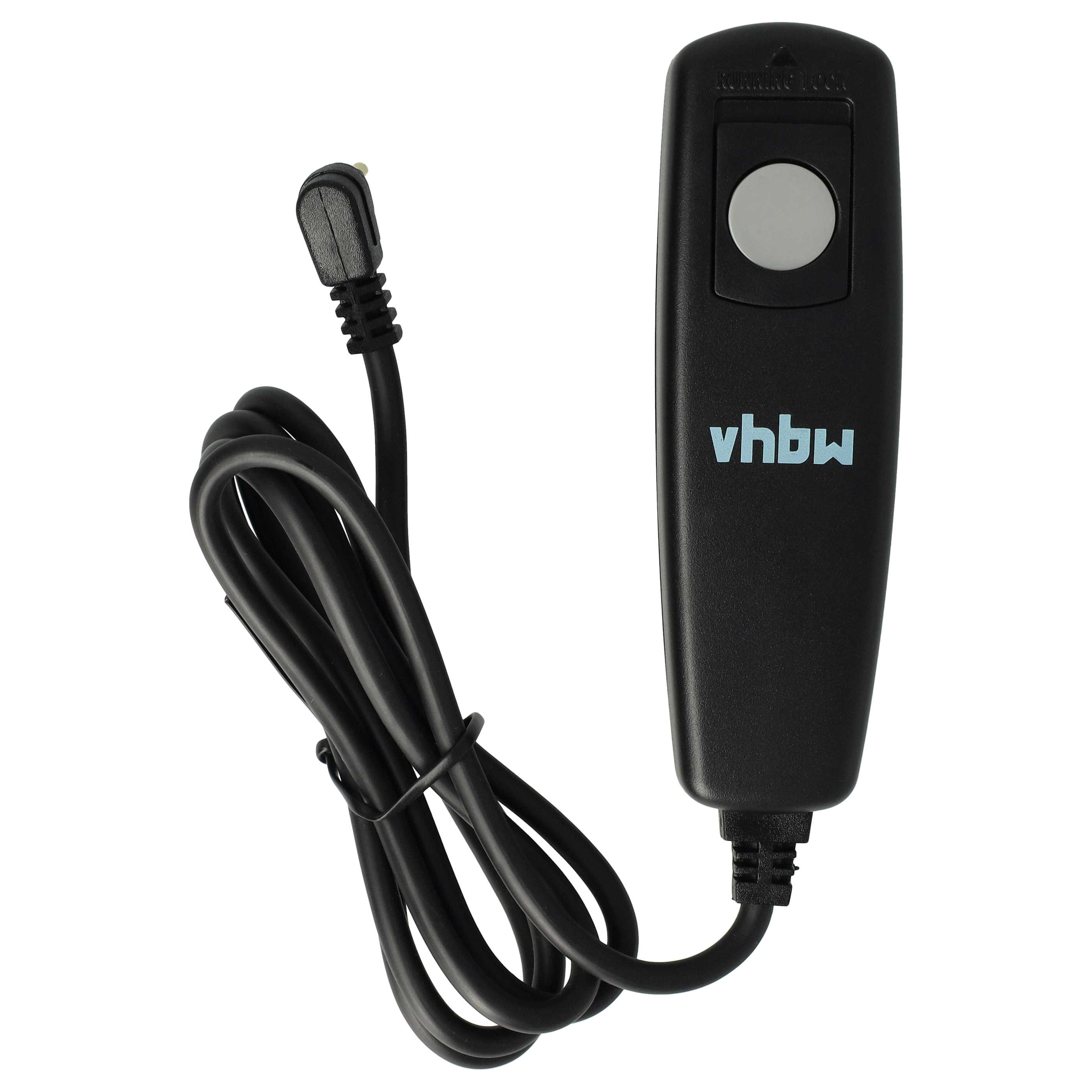 Ein schwarzer Fernauslöser mit Kabel. Er hat einen Knopf, das Wort 'vhbw' und einen Stecker.