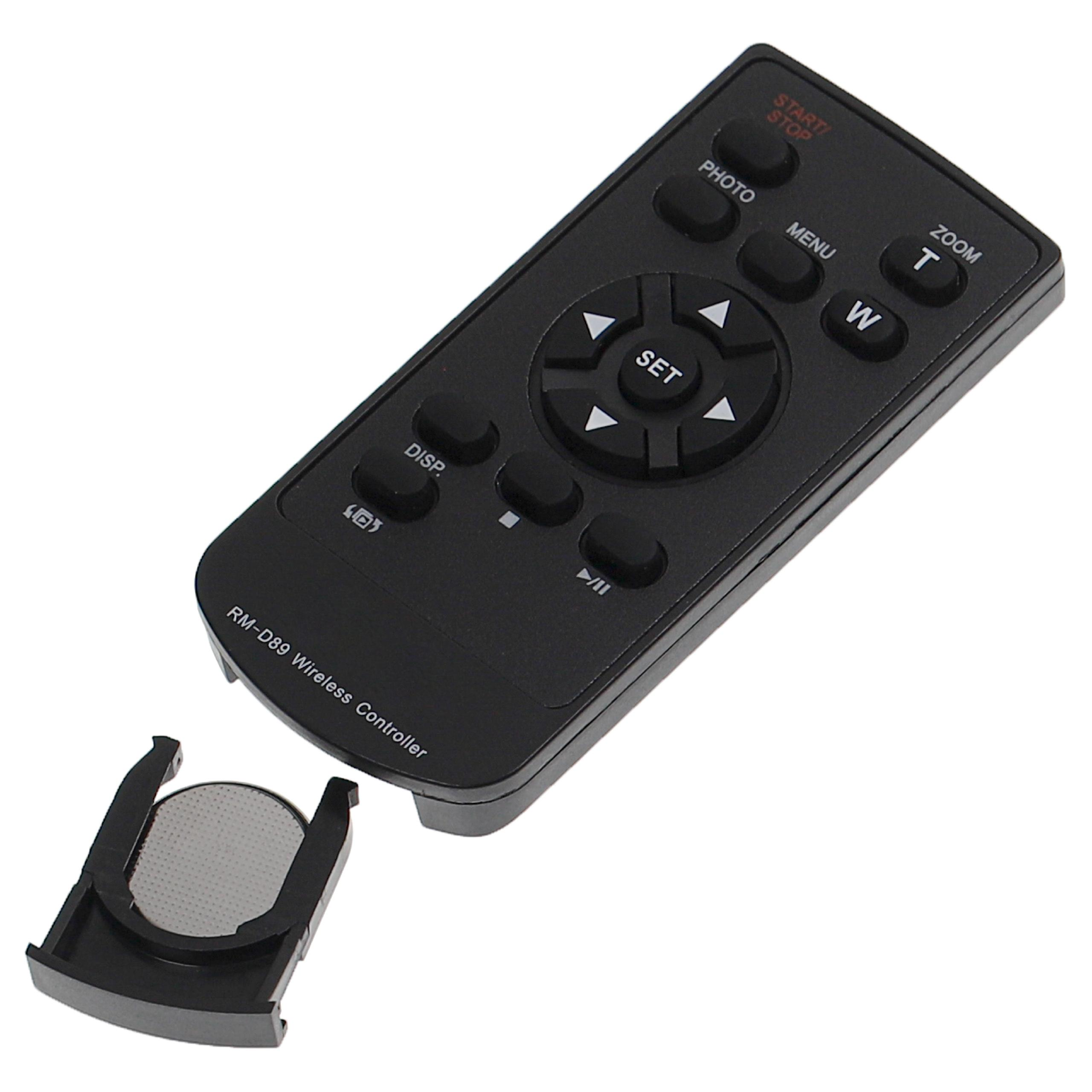 Schwarze Fernbedienung mit Tasten wie Start, Zoom und Menü. Ein Batteriefach ist geöffnet. Modell RM-D89.