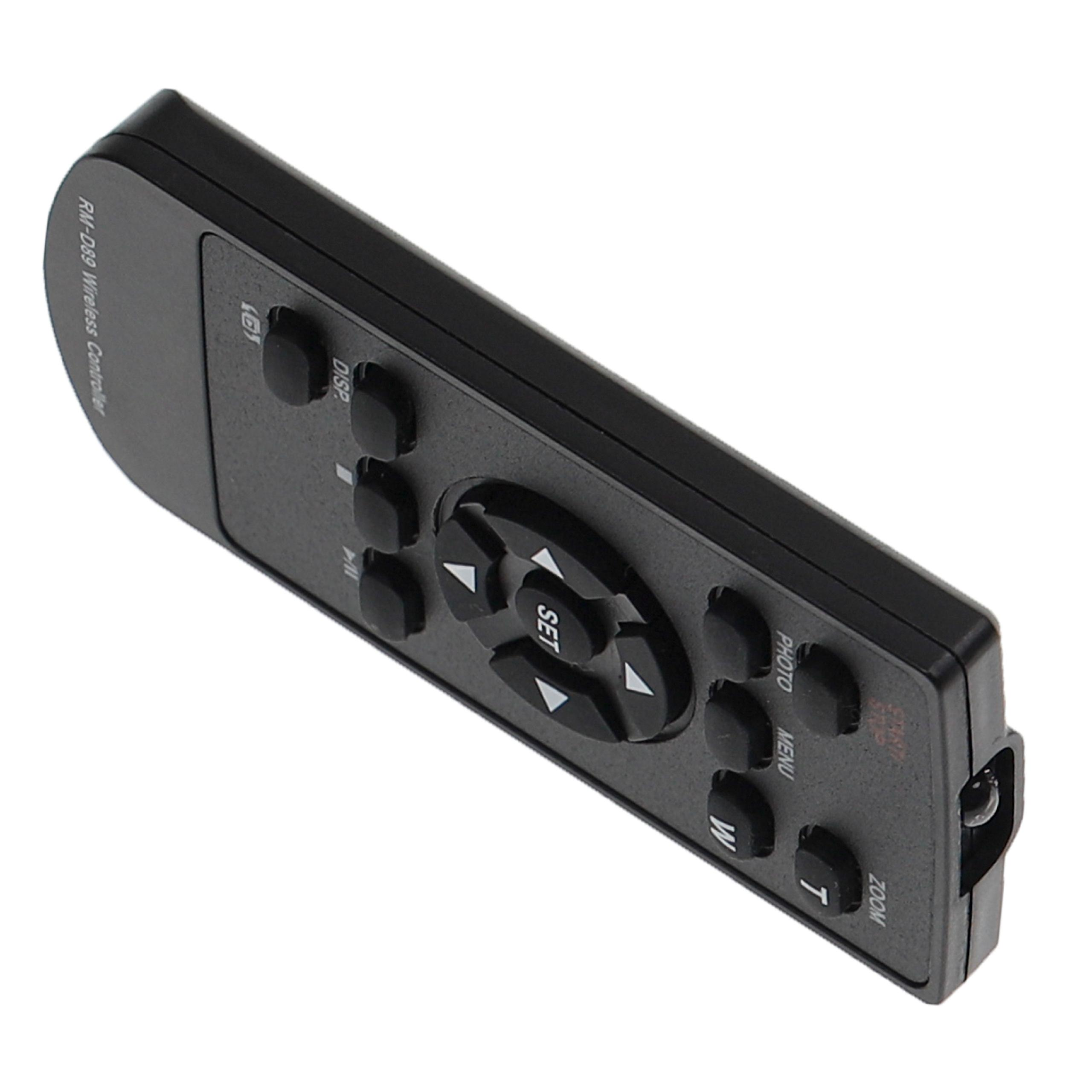 Schwarze drahtlose Fernbedienung mit mehreren Tasten, darunter Set, Zoom, Foto, Menü und Start/Stopp. Text RM-D89 ist sichtbar.