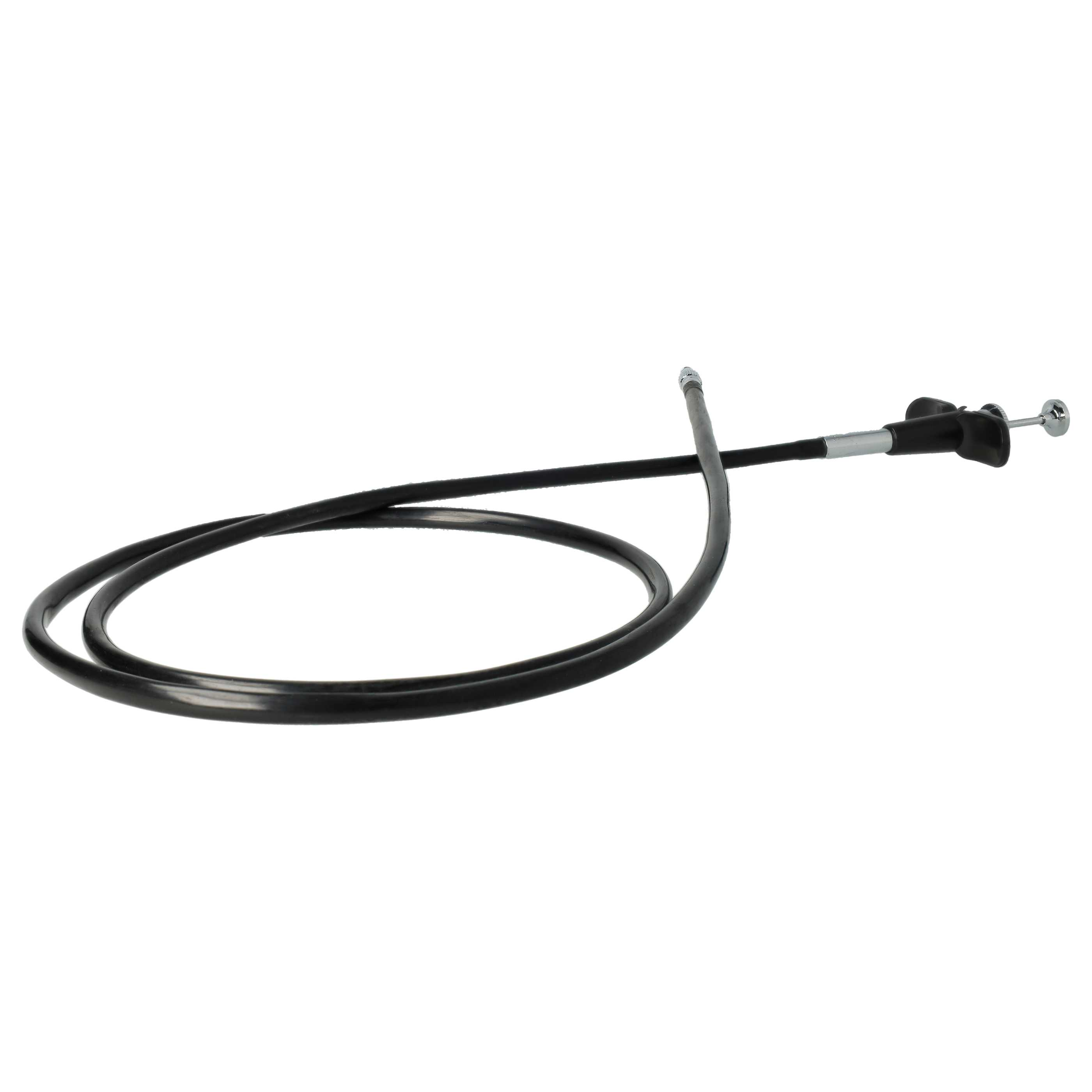 Ein schwarzes Motorradkabel mit Griff und silbernem Ende. Das Kabel befindet sich auf weißem Hintergrund.
