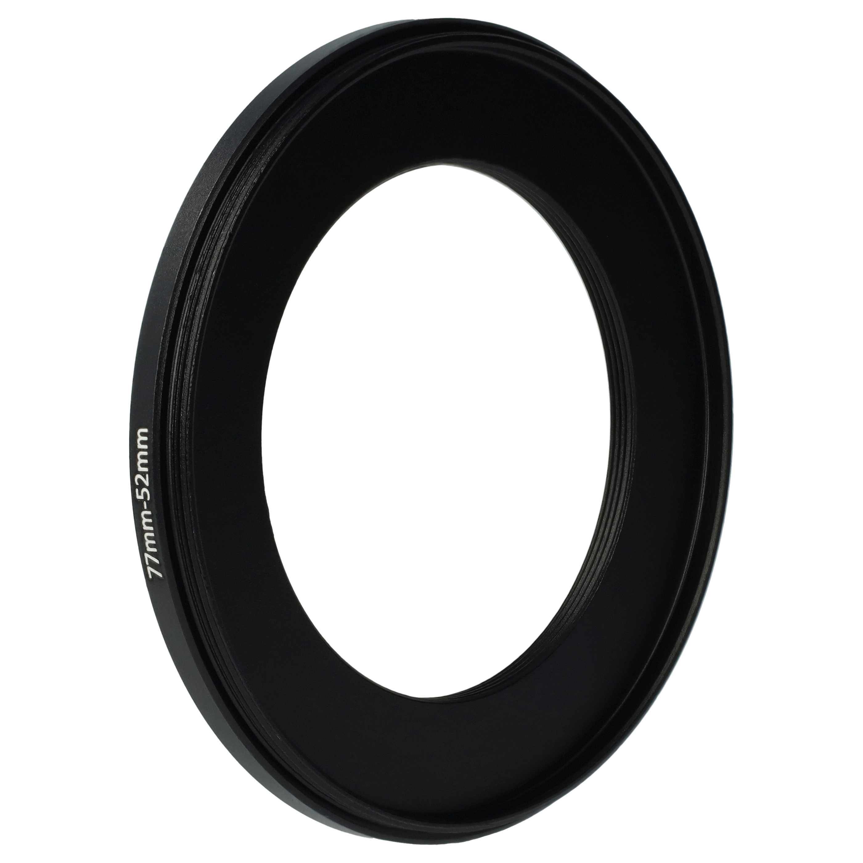 Ein schwarzer 77mm-52mm Kameraobjektivadapterring, kreisförmig, vor weißem Hintergrund.