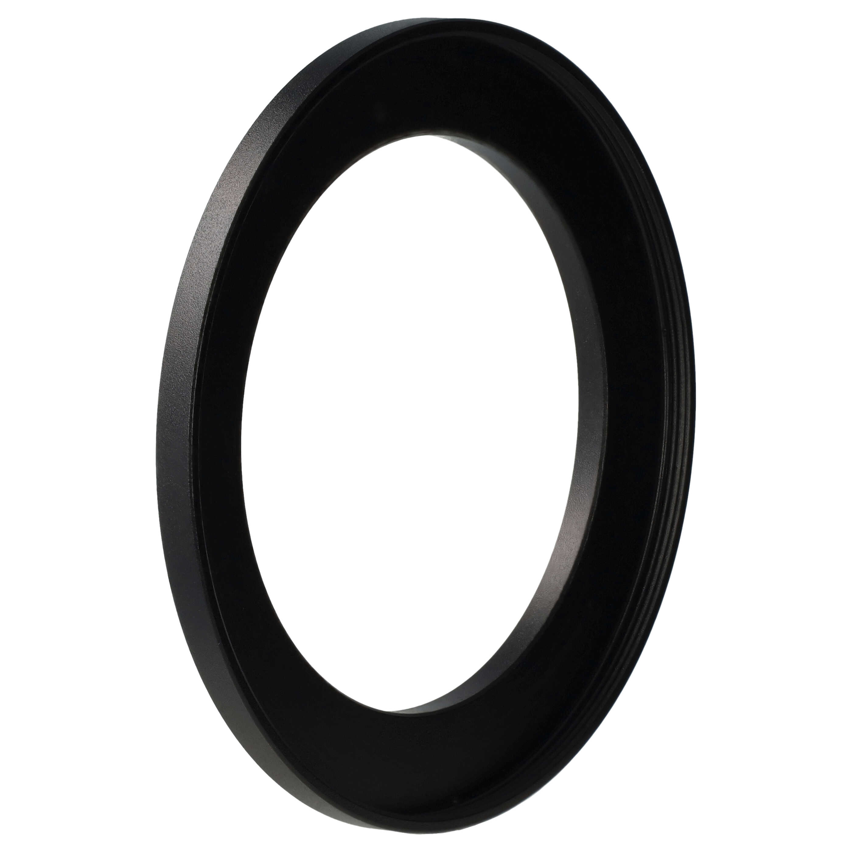 Ein schwarzes kreisförmiges Objekt, möglicherweise ein Objektivfilter, vor weißem Hintergrund. Es hat eine strukturierte Oberfläche und einen Ring.