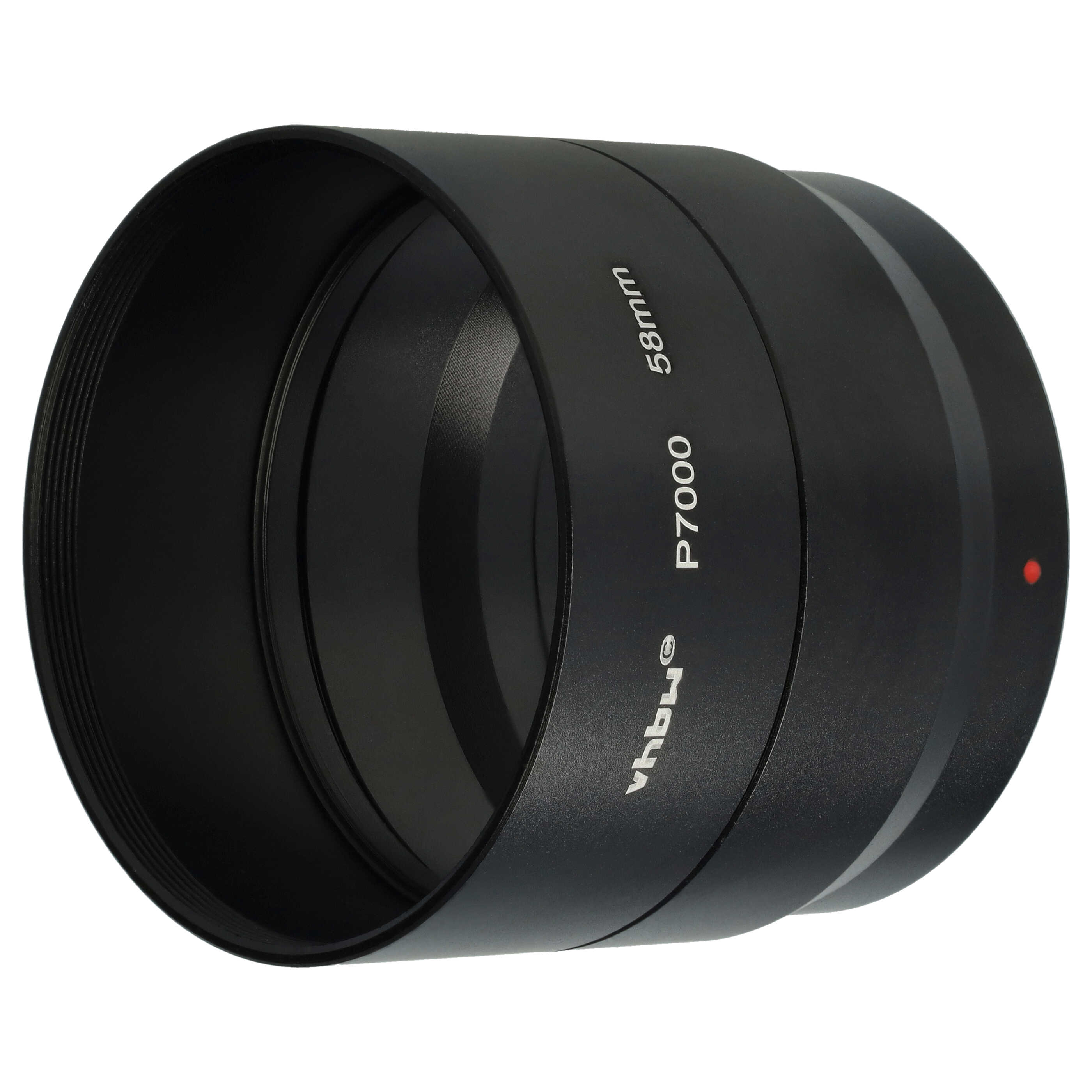 Ein schwarzer Objektivfilter mit weißem Text. Es hat 58 mm, P7000 und vhby aufgedruckt. Ein roter Punkt ist an der Seite.