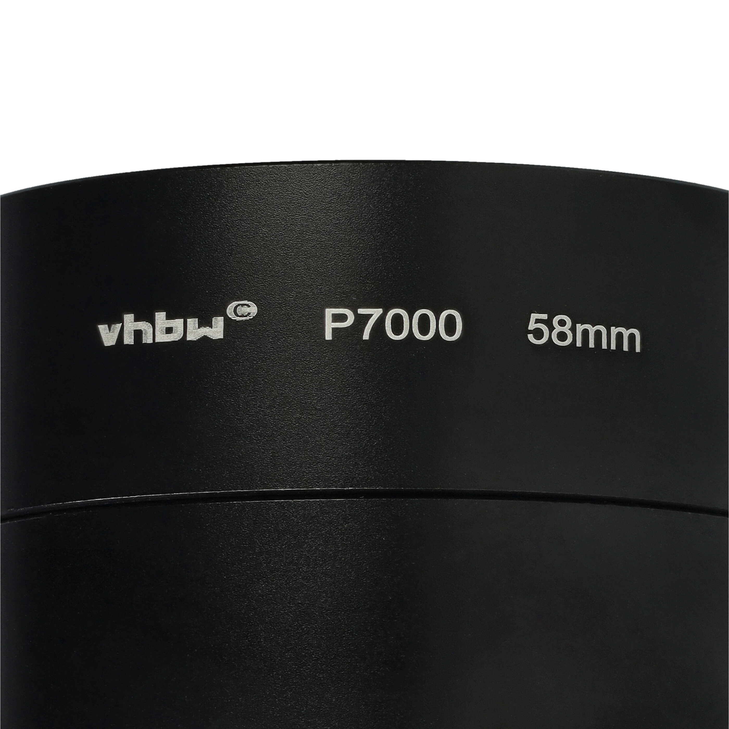 Ein schwarzer Objektivfilter mit silbernem Text: vhbw P7000 58mm. Der Hintergrund ist weiß.