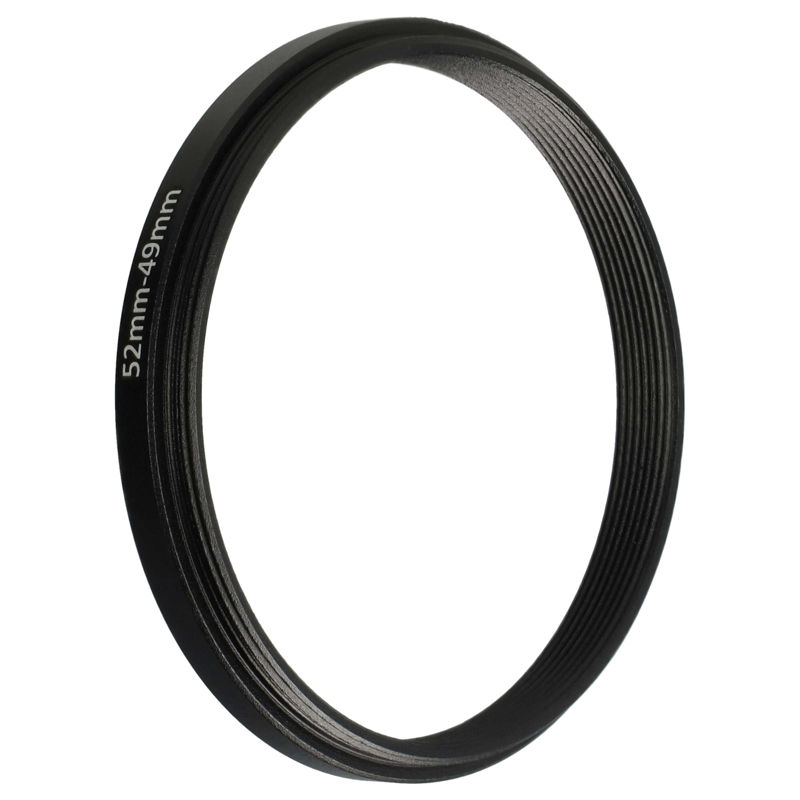 Ein schwarzer 52 mm-49 mm Objektivadapterring mit gerippter Innenseite, isoliert vor weißem Hintergrund.