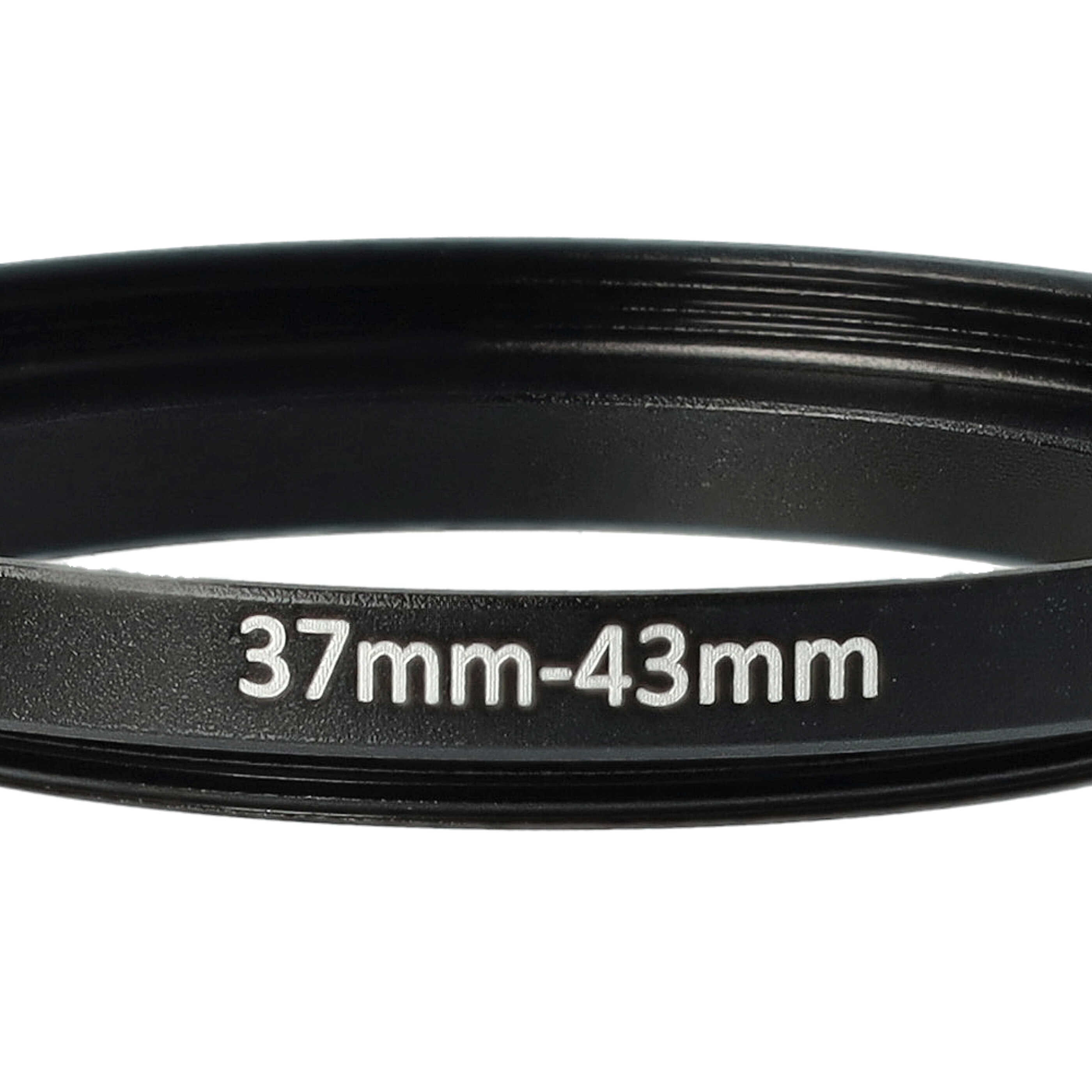Ein schwarzer Objektivadapterring mit weißem Text '37mm-43mm'. Er hat eine kreisförmige Form mit Gewinde.