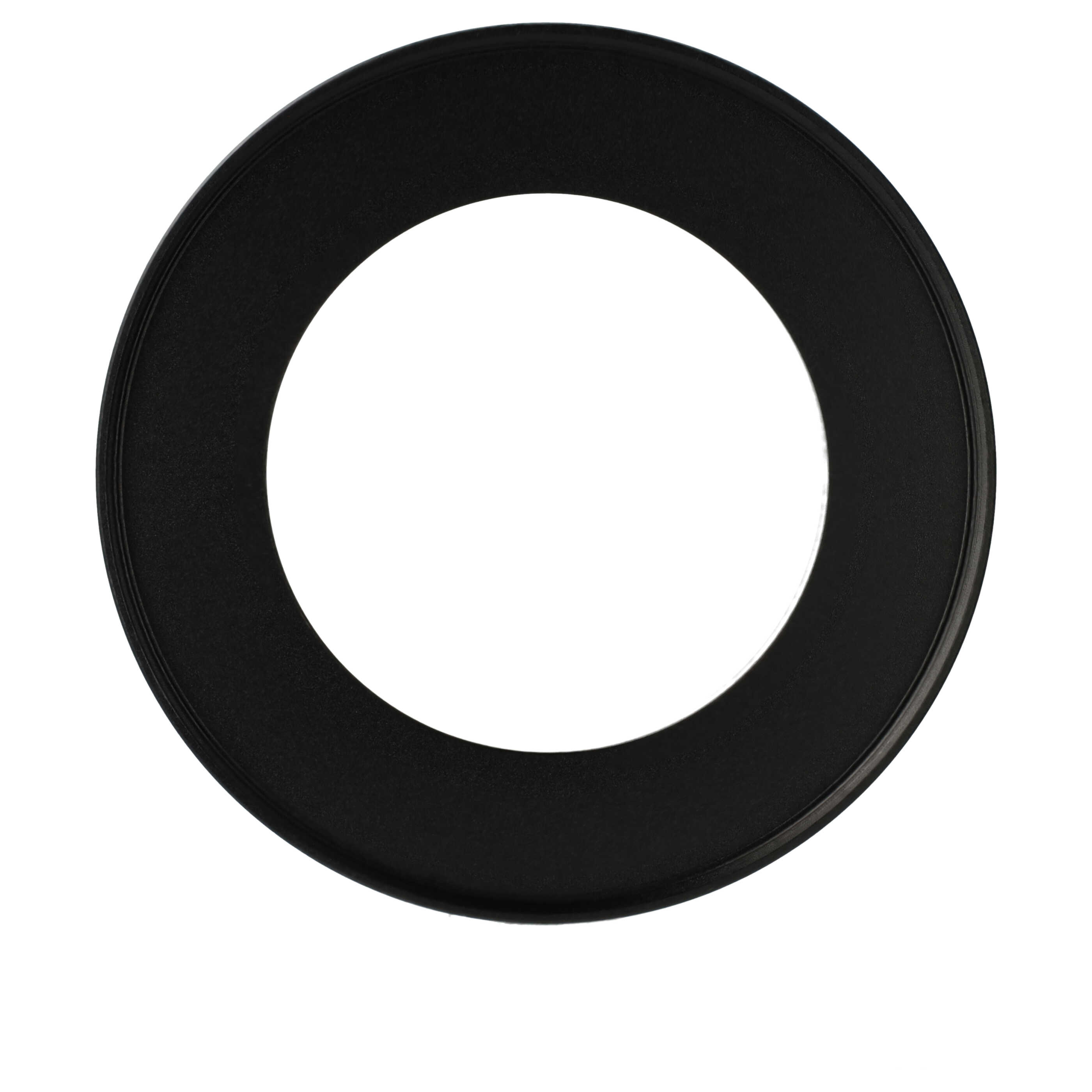 Ein schwarzes kreisförmiges Objekt mit weißer Mitte ist zentriert. Das Objekt ist ein ringförmiger Rahmen. Der Hintergrund ist einfarbig weiß.