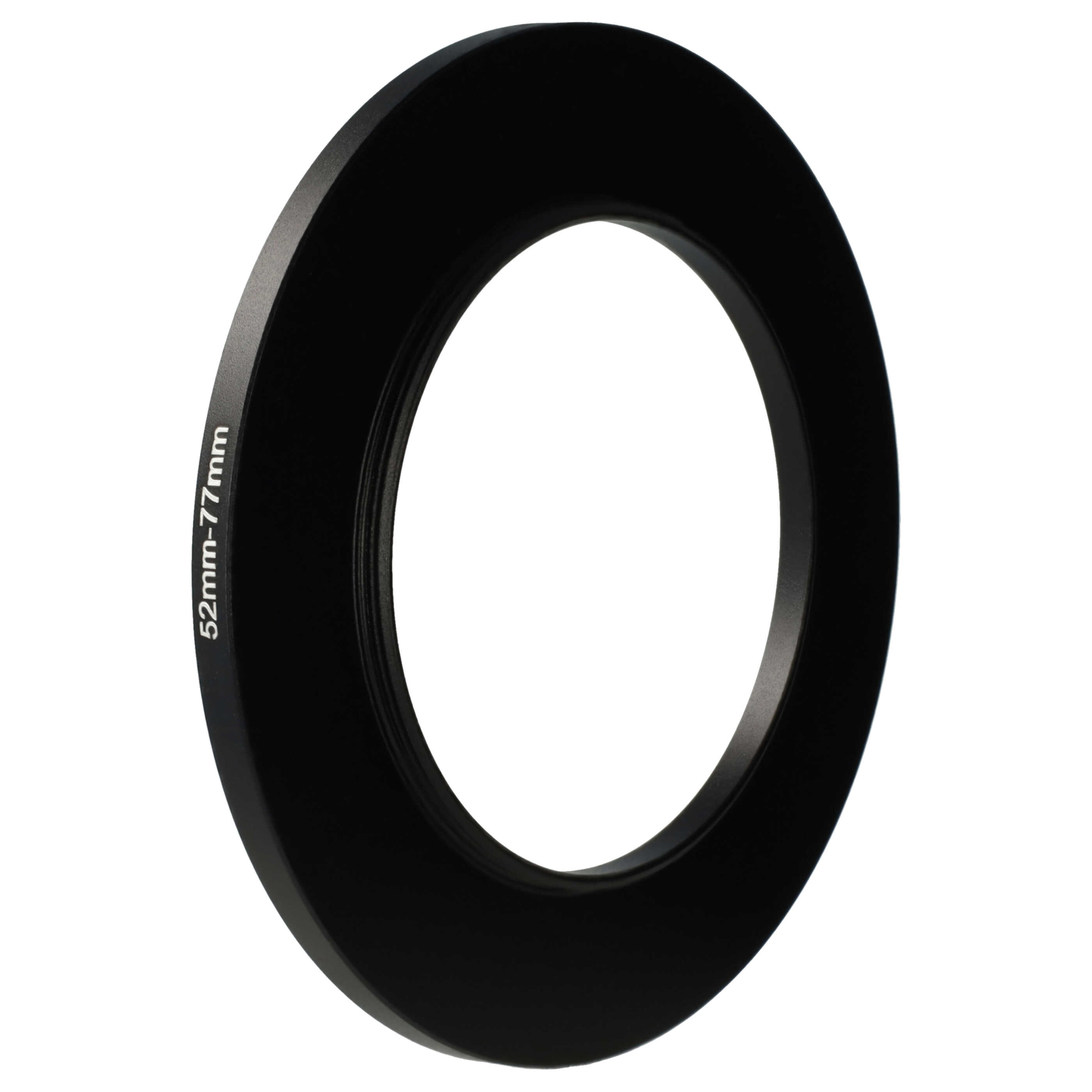 Schwarzer Objektivadapterring. Text sagt 52mm-77mm. Der Ring ist kreisförmig, mit weißem Hintergrund.