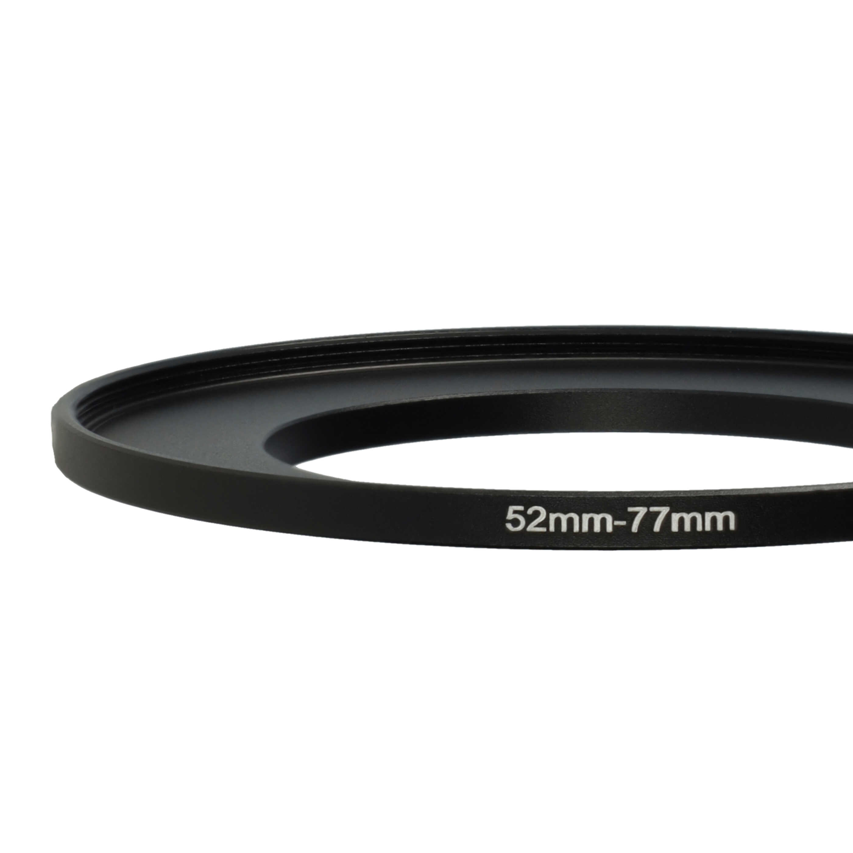 Schwarzer Objektivadapterring mit weißem Text '52mm-77mm' auf weißem Hintergrund.
