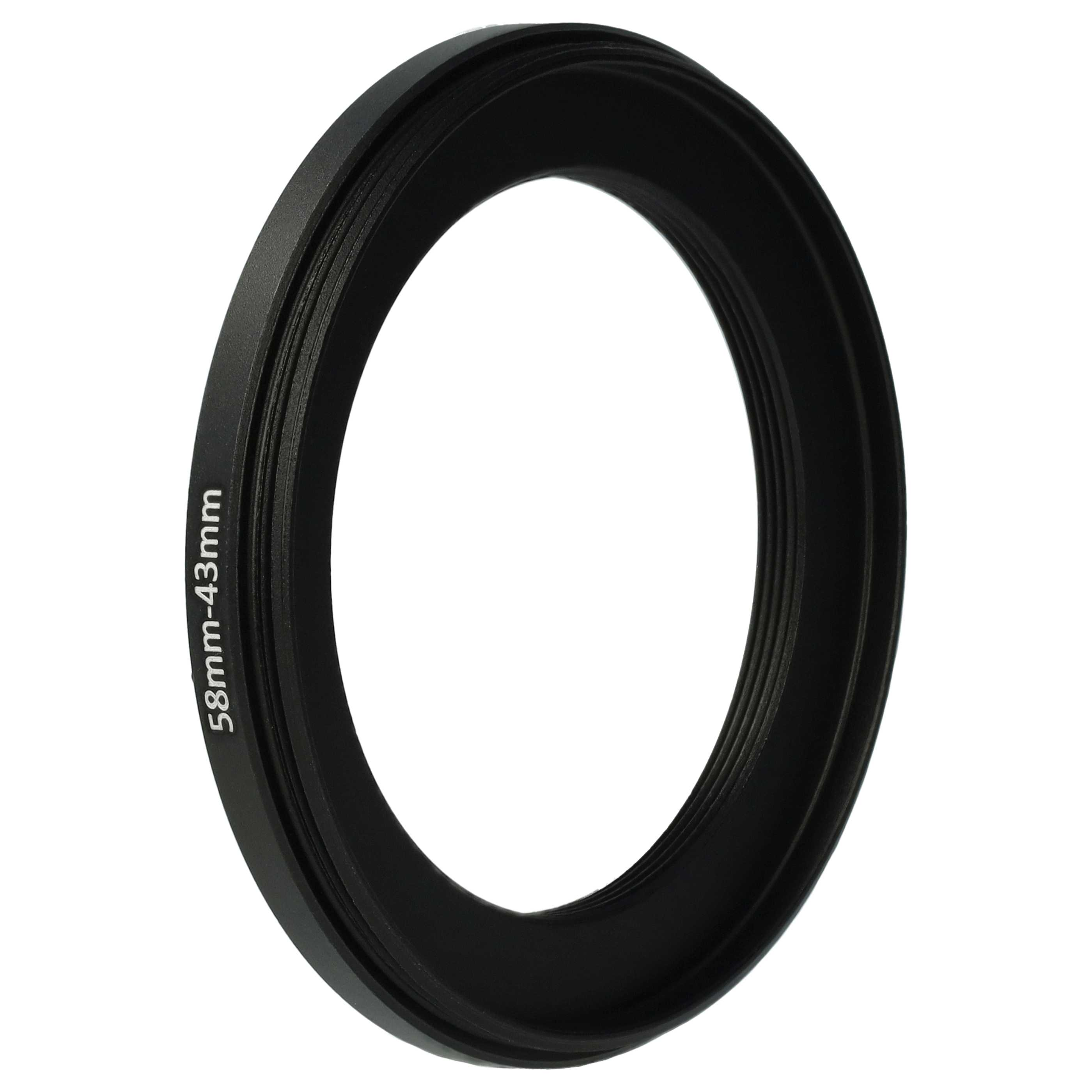 Ein schwarzer Objektivadapterring mit der Aufschrift 58mm-43mm. Der Hintergrund ist weiß.