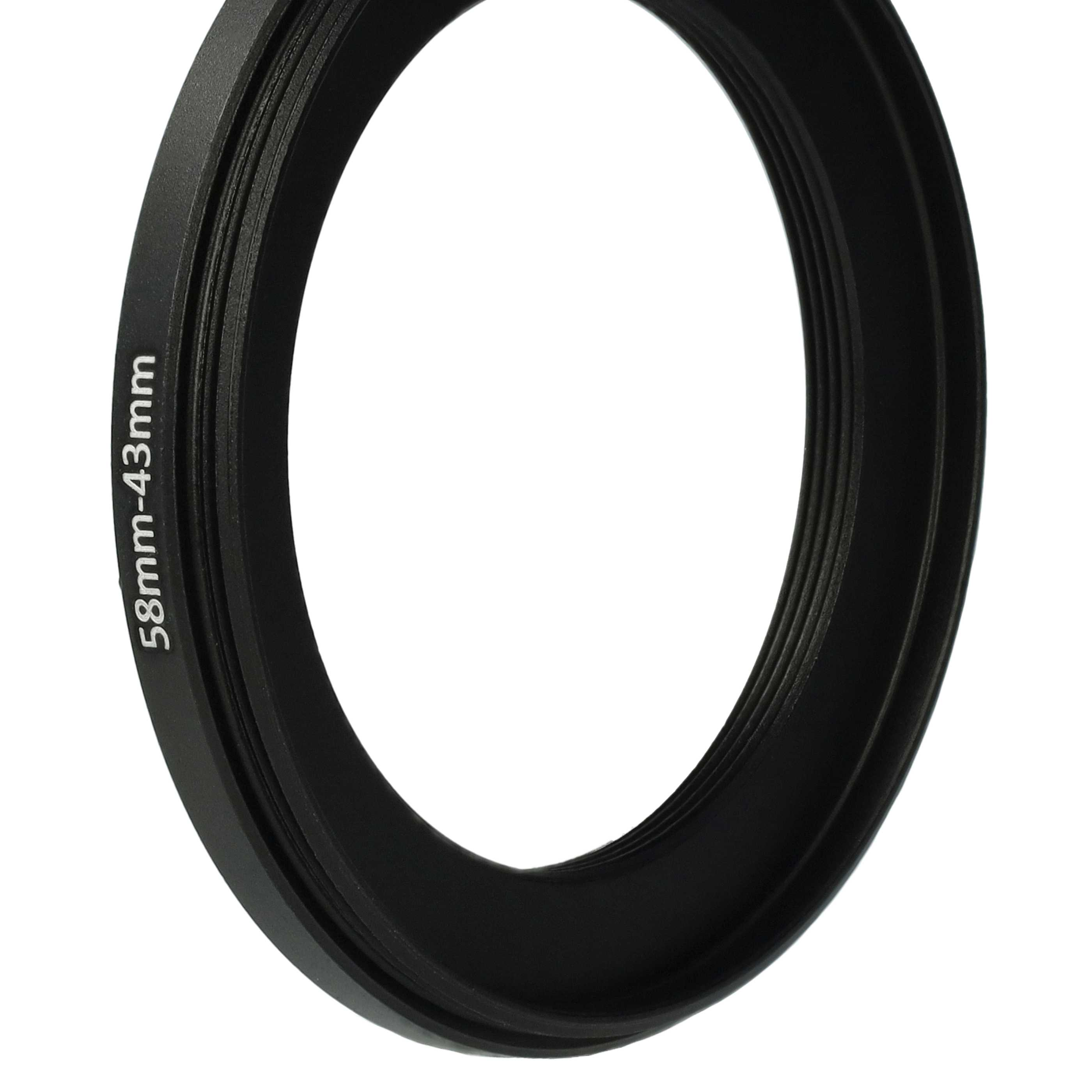 Schwarzer 58mm-43mm Objektivadapterring auf weißem Hintergrund. Der Ring ist kreisförmig mit Gewinde.