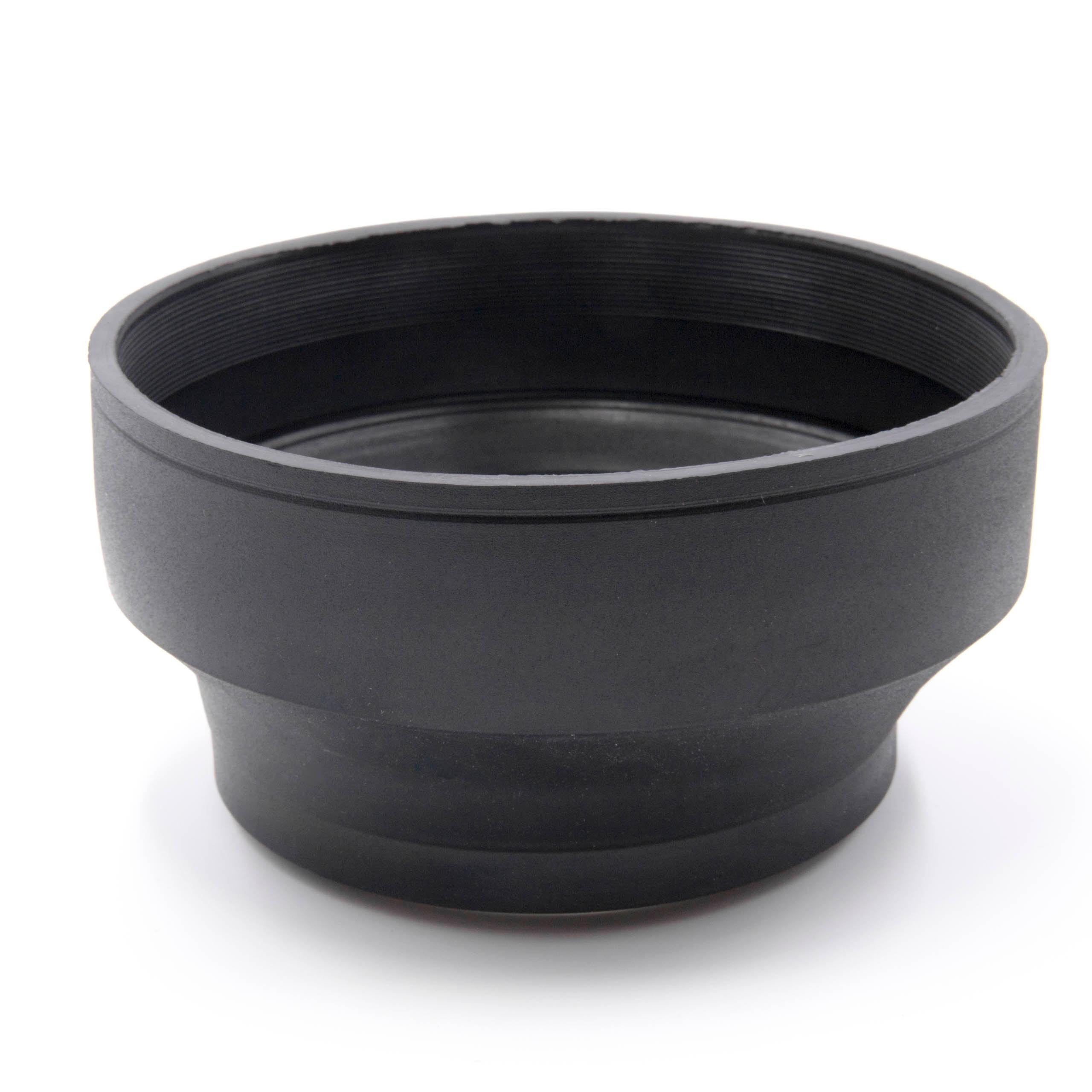 Eine schwarze Objektiv-Gegenlichtblende, zylindrische Form, sitzt auf weißem Hintergrund. Die Haube hat eine gerippte Innenseite und eine ausgestellte Außenseite.