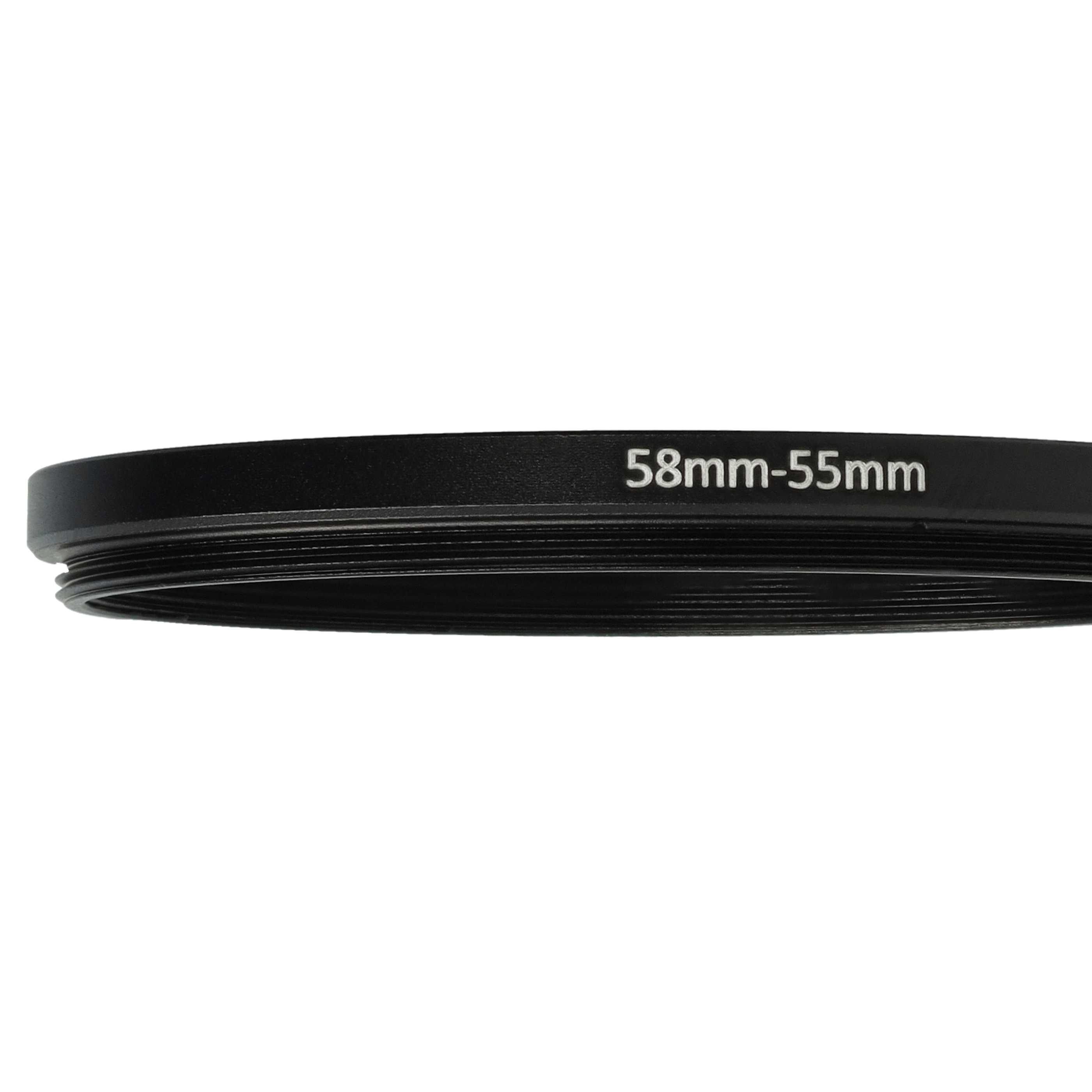 Ein schwarzer 58mm-55mm-Objektivadapterring vor weißem Hintergrund. Der Text ist weiß.